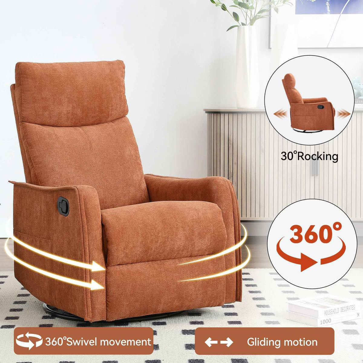 Heat Massage Manual Recliner Chair with Rocker and Swivel in Fabric for Living Room detail image 4