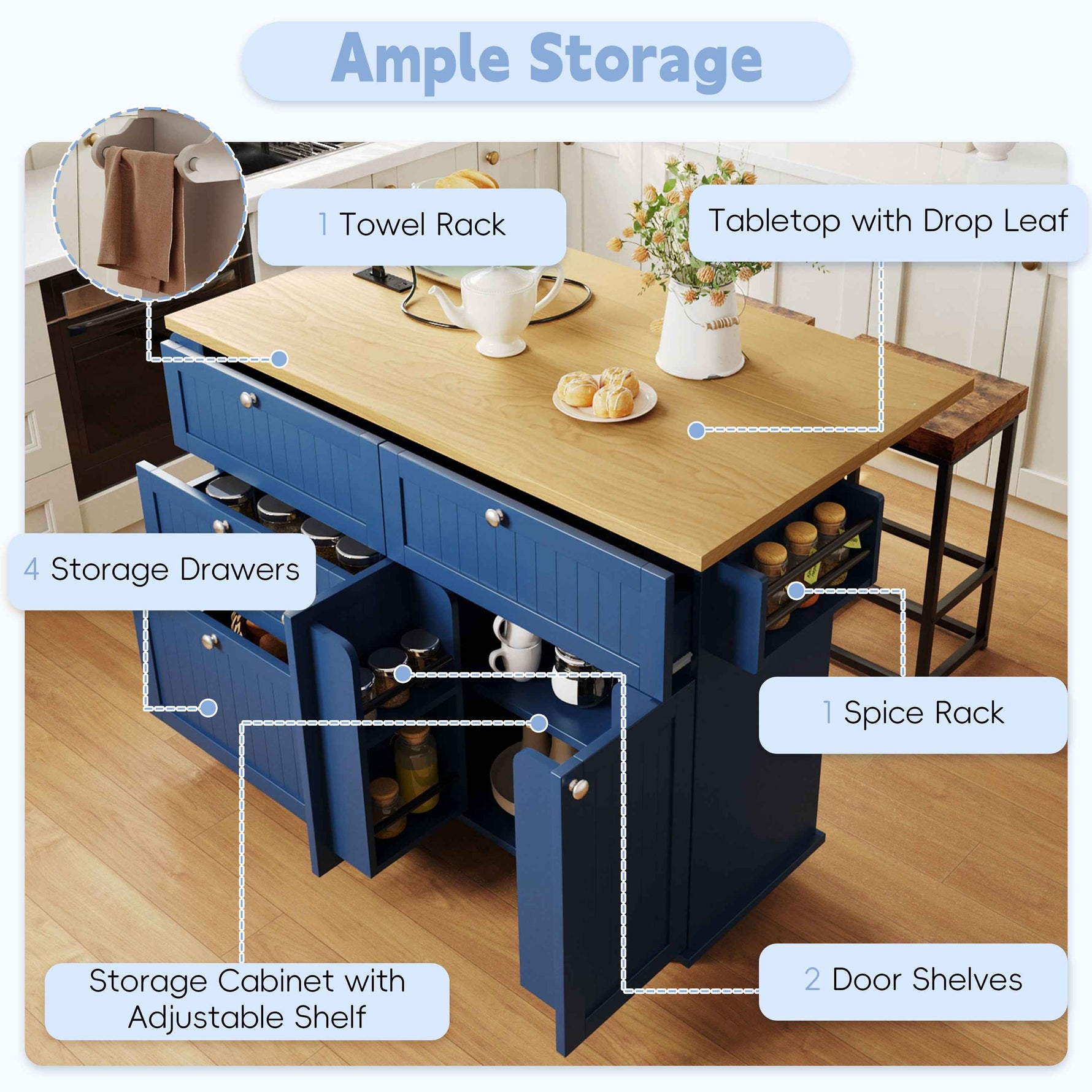 Farmhouse Kitchen Island with Drop Leaf, Power Outlet & 2 Seats product view 3