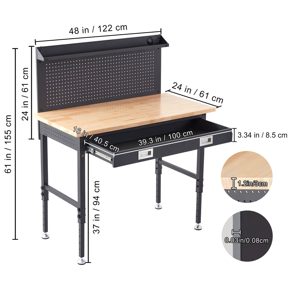 VEVOR Adjustable Height Hardwood Workbench with Power Outlets for workshop, garage, storage, or utility use
