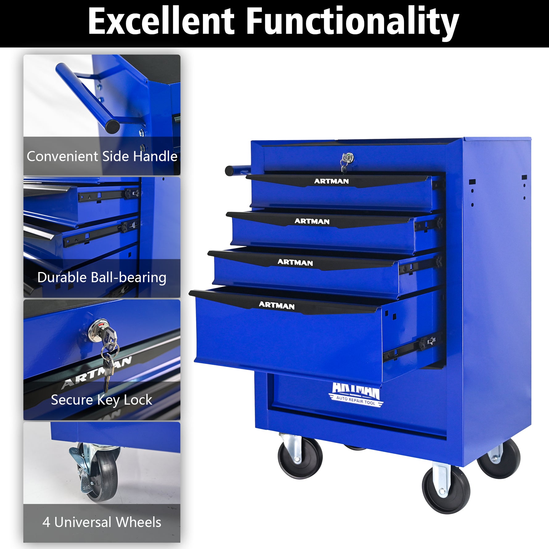 Rolling 5-Drawer Steel Tool Chest with Stainless Steel Top for workshop, garage, storage, or utility use
