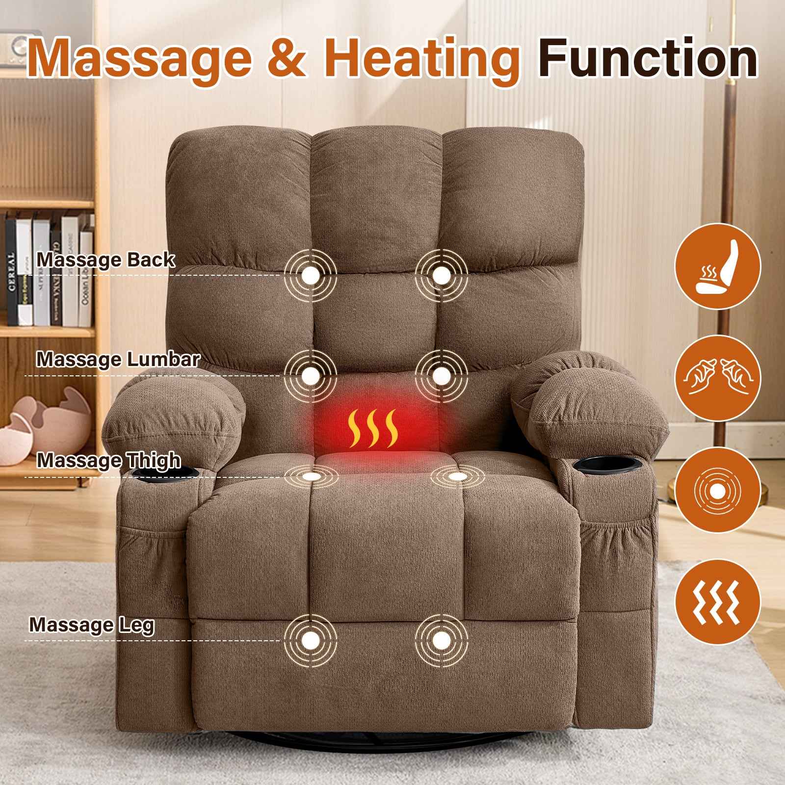 Massage Swivel Rocker Recliner Chair with Vibration, Lumbar Heating, Side Pocket detail image 10