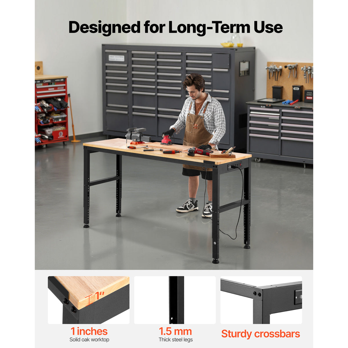 VEVOR Adjustable Height Hardwood Workbench with Power Outlets for workshop, garage, storage, or utility use