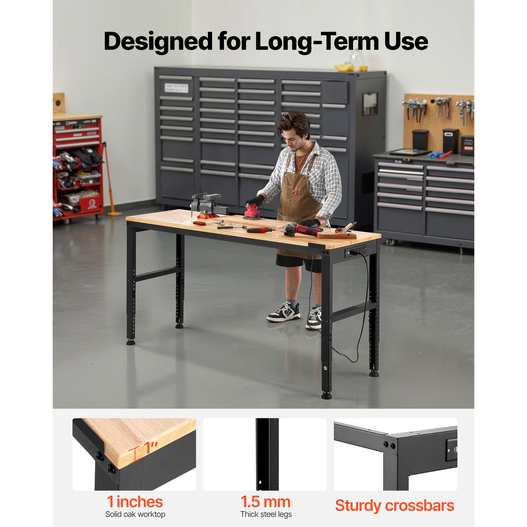 VEVOR Adjustable Height Hardwood Workbench with Power Outlets for workshop, garage, storage, or utility use