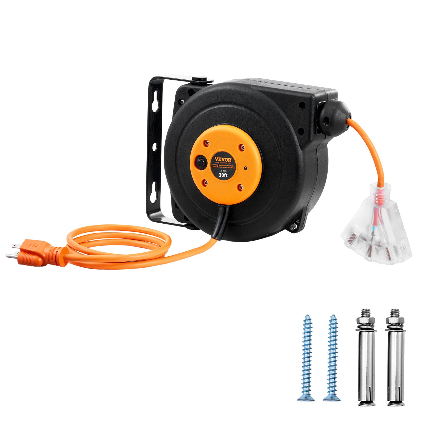 Retractable Heavy-Duty Extension Cord Reel with Triple-Tap Outlet for workshop, garage, storage, or utility use