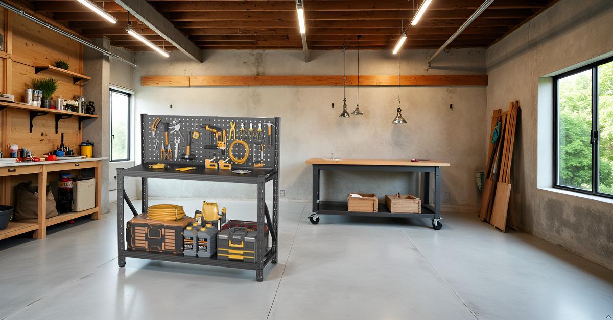Heavy-Duty Metal Shelving & Workbench with Pegboard, 3000 lb Capacity for workshop, garage, storage, or utility use
