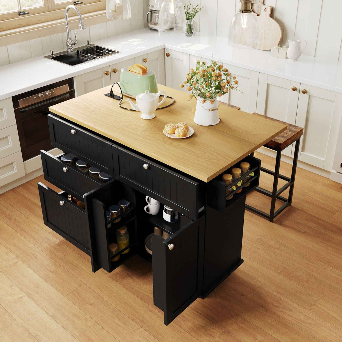 Farmhouse Kitchen Island with Drop Leaf, Power Outlet & 2 Seats product view 39