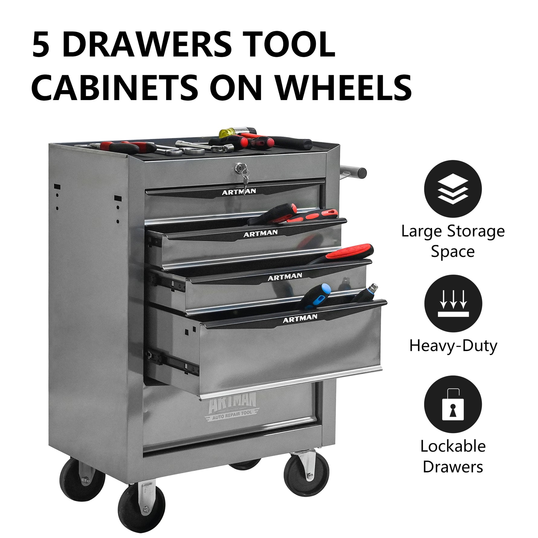 Rolling 5-Drawer Steel Tool Chest with Stainless Steel Top for workshop, garage, storage, or utility use