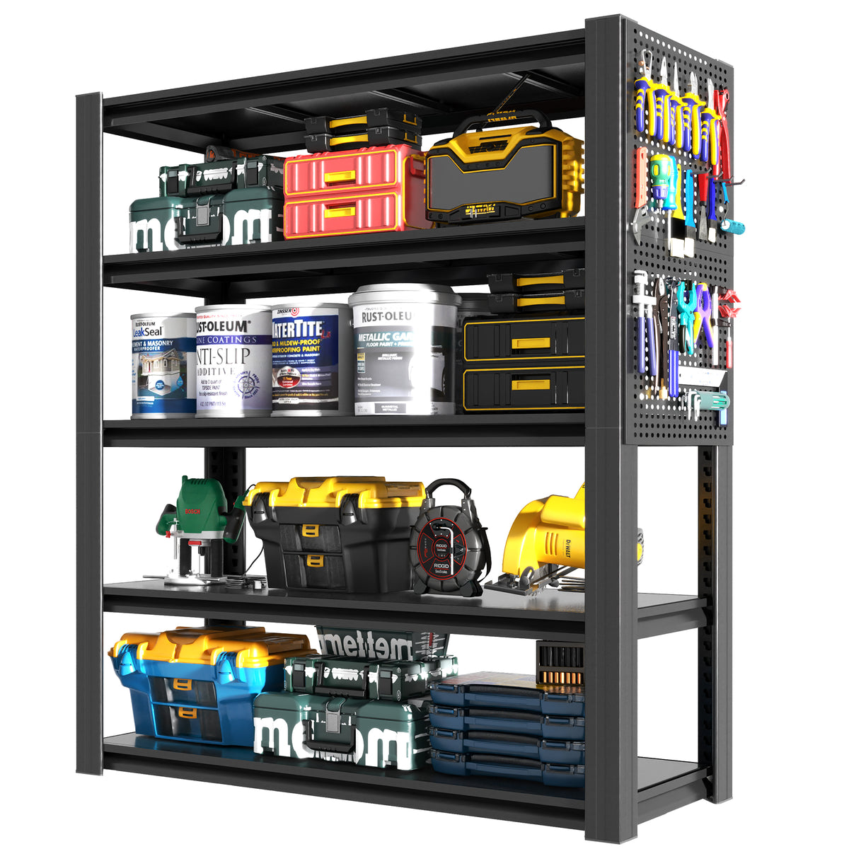 Industrial Heavy-Duty Metal 5-Tier Adjustable Shelving Unit with Pegboard for workshop, garage, storage, or utility use