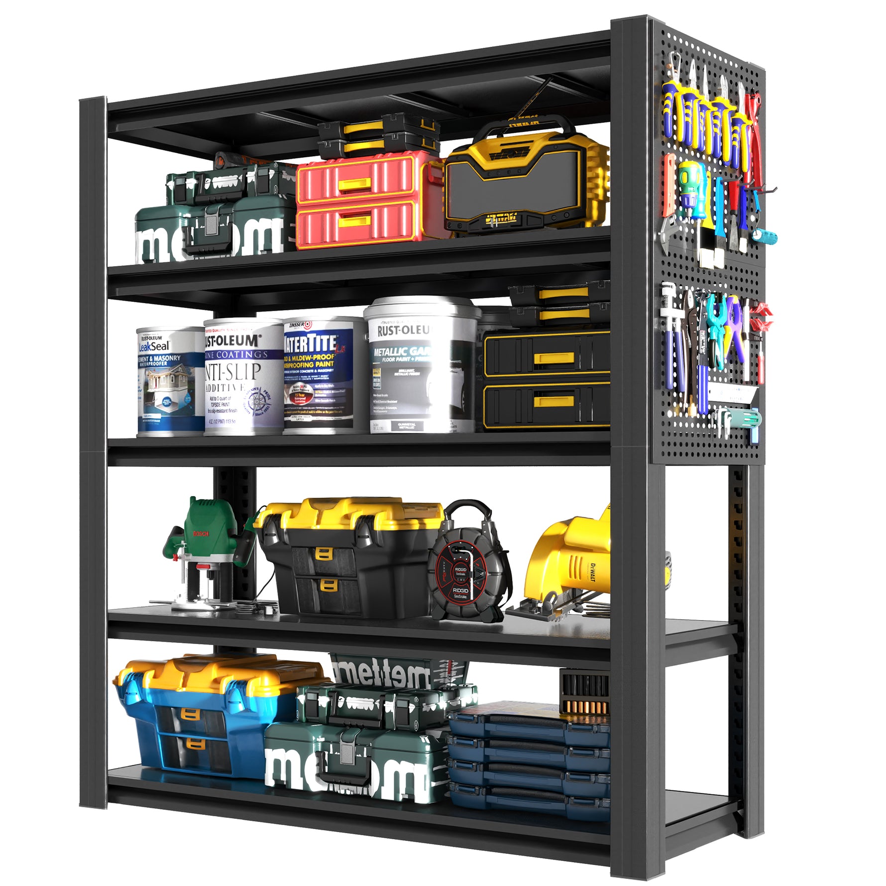 Industrial Heavy-Duty Metal 5-Tier Adjustable Shelving Unit with Pegboard for workshop, garage, storage, or utility use