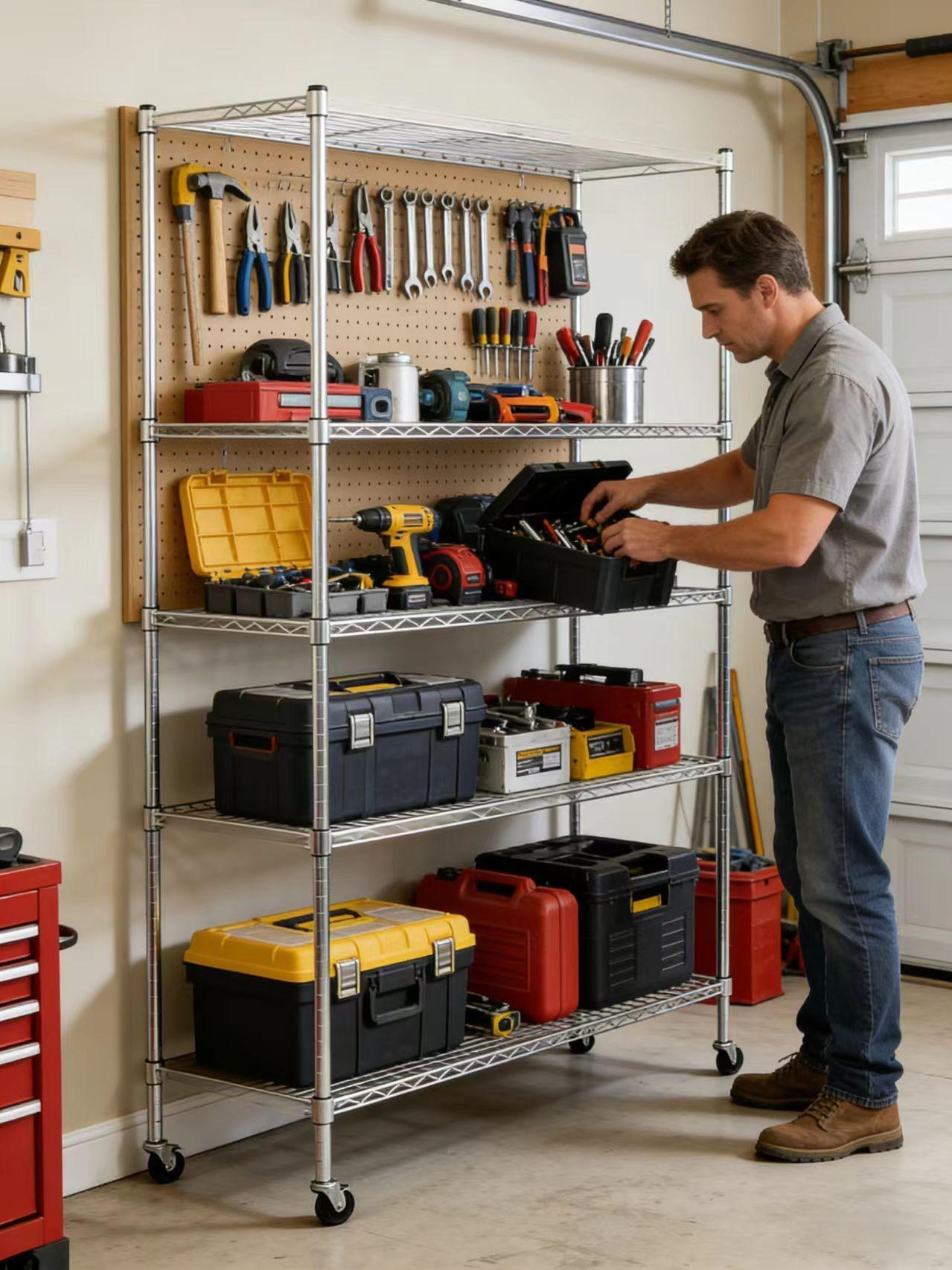 Heavy-Duty Adjustable Wire Shelving Unit with Wheels & Levelers for workshop, garage, storage, or utility use