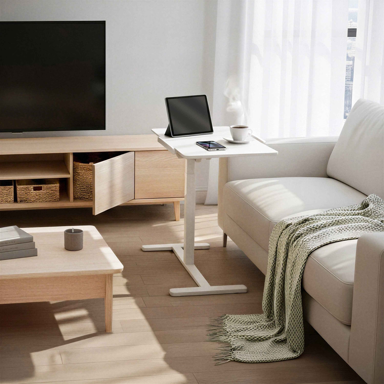 Techni Mobili Sit-to-Stand Rolling Adjustable Laptop Cart, White mobile laptop workstation
