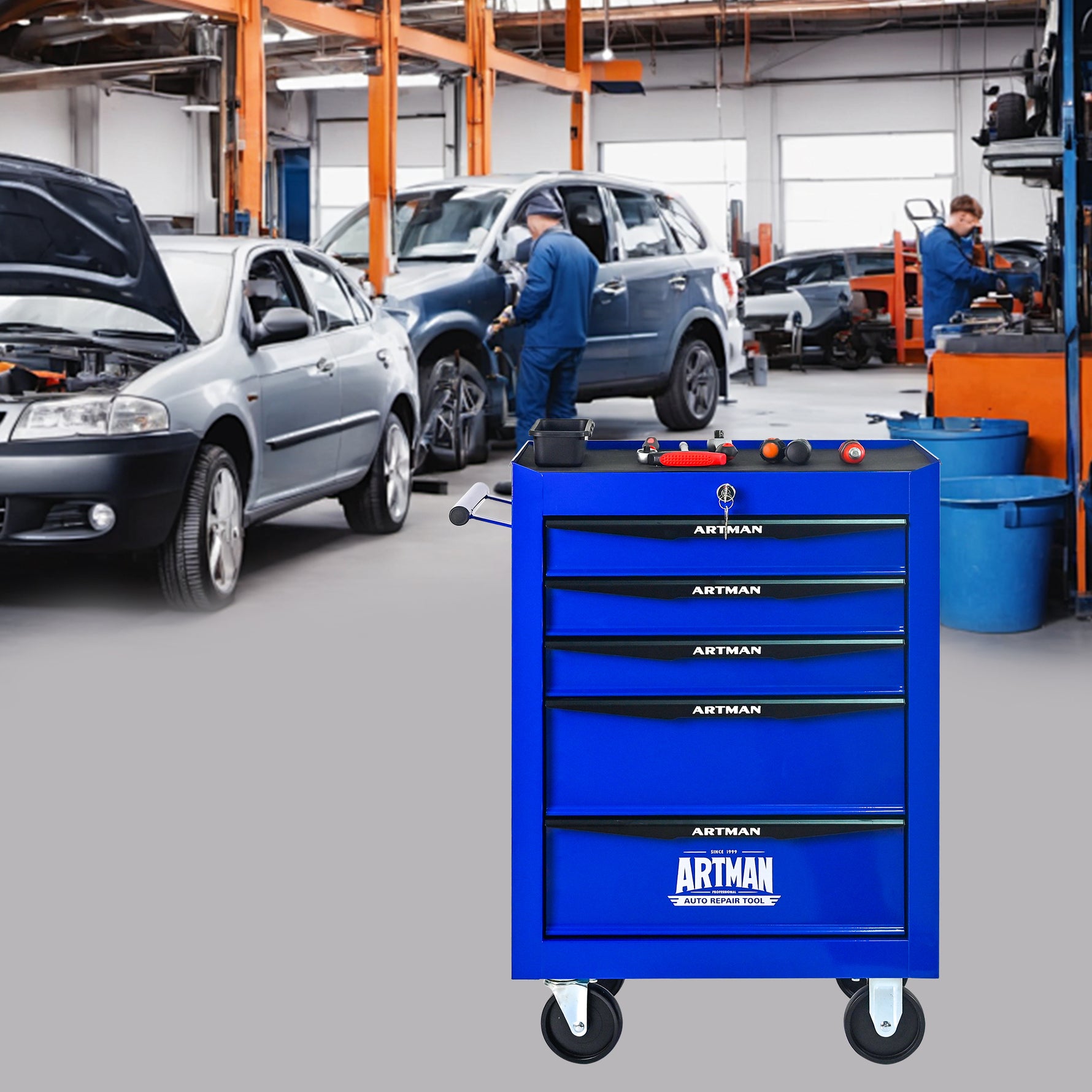 Rolling 5-Drawer Steel Tool Chest with Stainless Steel Top for workshop, garage, storage, or utility use