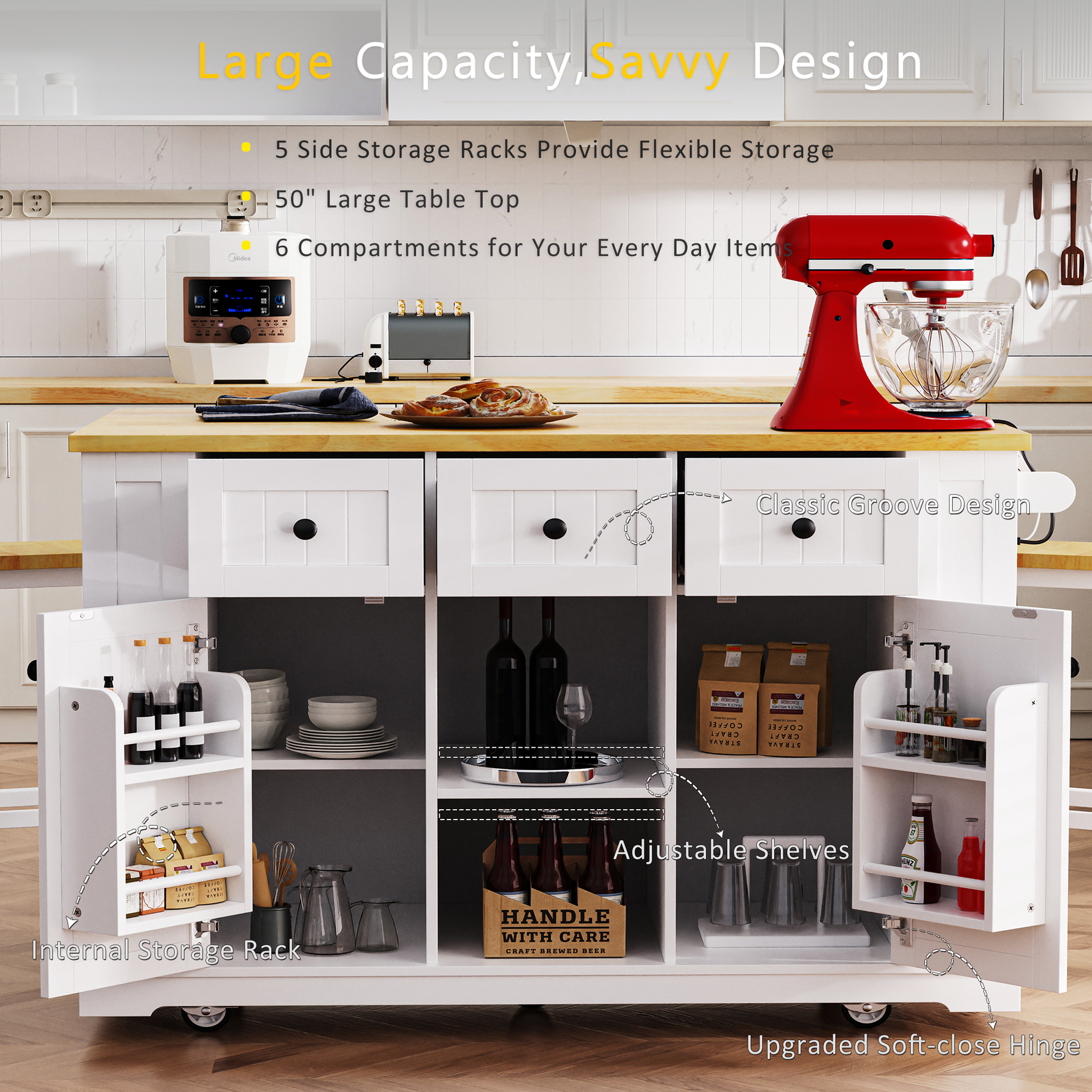 53 in. Farmhouse Kitchen Island with Power Outlet & Stools product view 27