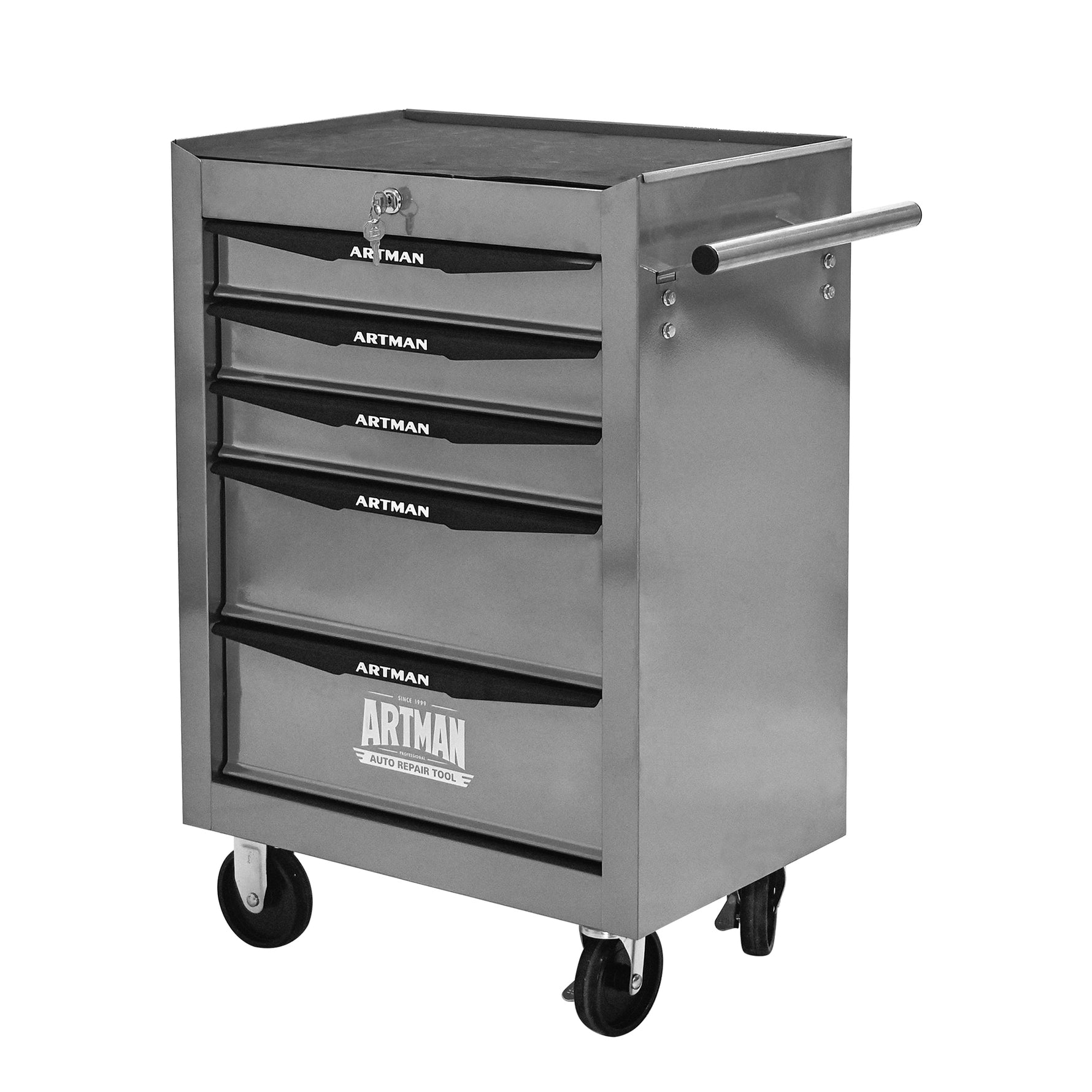 Rolling 5-Drawer Steel Tool Chest with Stainless Steel Top for workshop, garage, storage, or utility use