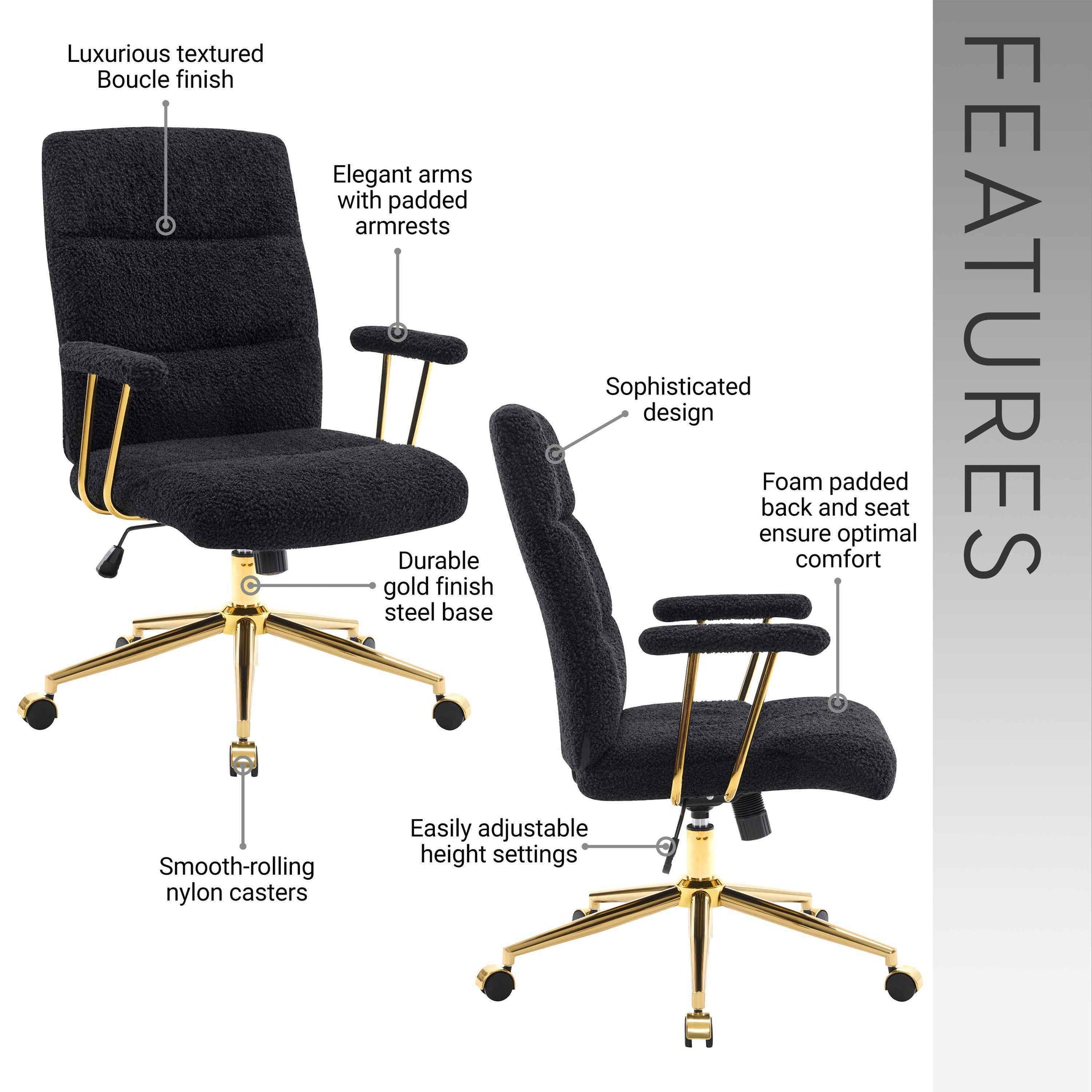 Textured Boucle Gold Office Chair with Padded Arms workspace desk setup