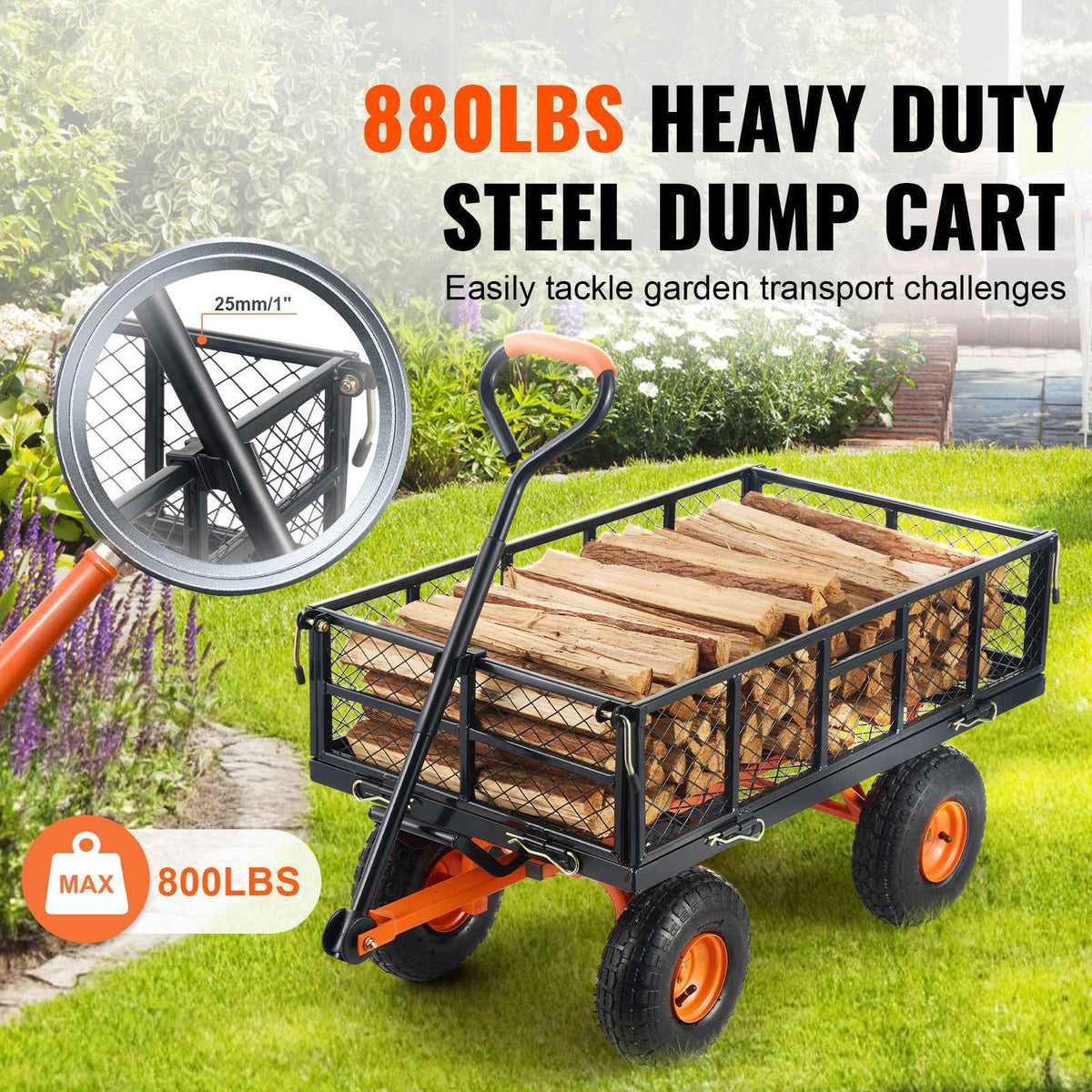 Metal Garden Dump Cart with 2-in-1 Handle for workshop, garage, storage, or utility use
