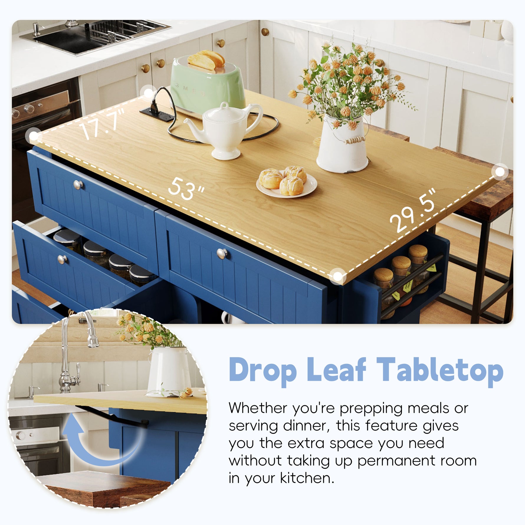Farmhouse Kitchen Island with Drop Leaf, Power Outlet & 2 Seats product view 65