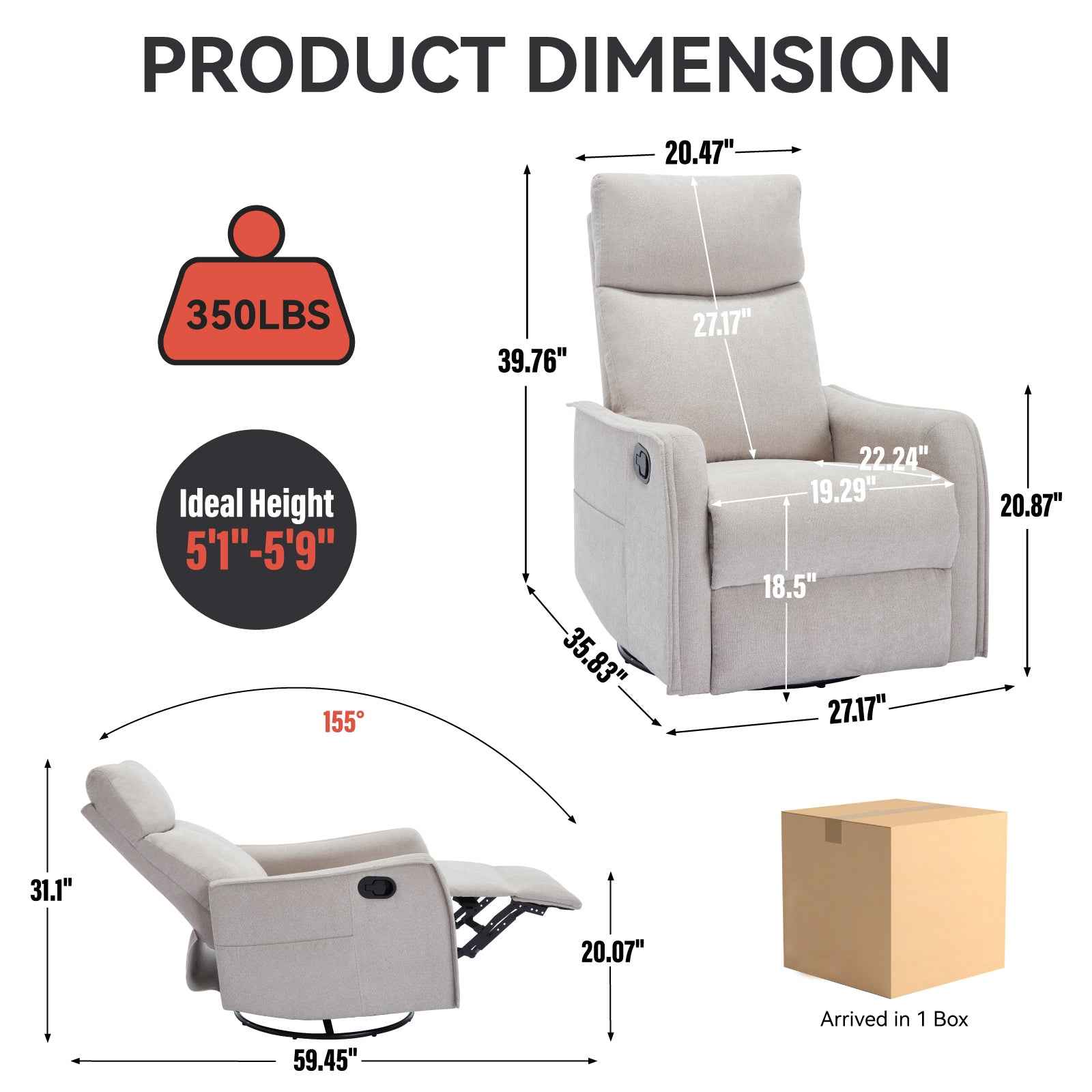 Heat Massage Manual Recliner Chair with Rocker and Swivel in Fabric for Living Room detail image 40