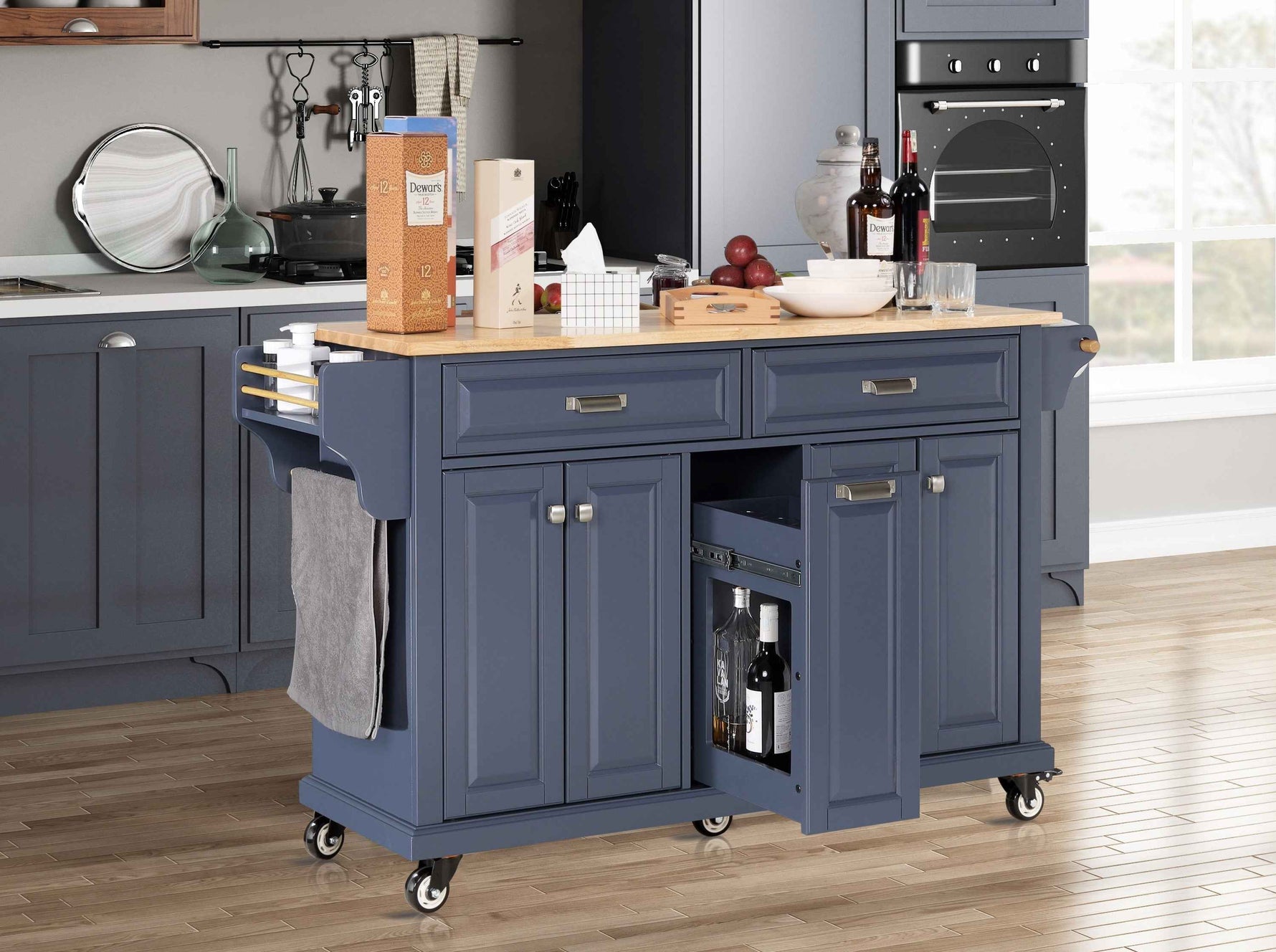 Rubberwood Drop-Leaf Kitchen Cart with 3 Drawers product view 47