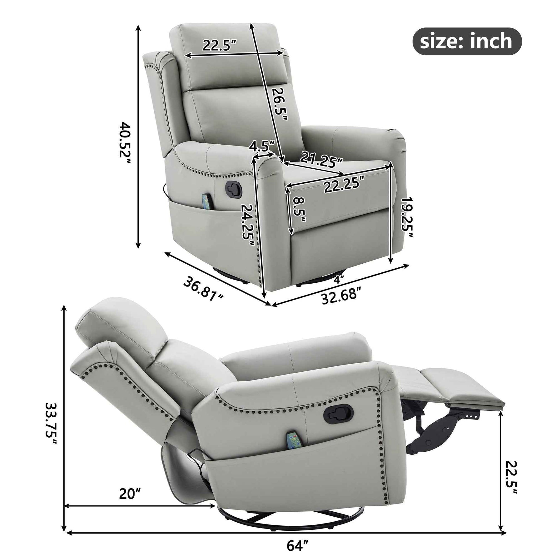 Modern Manual Recliner with 8-Point Massage and Heating, Swivel Rocking detail image 22