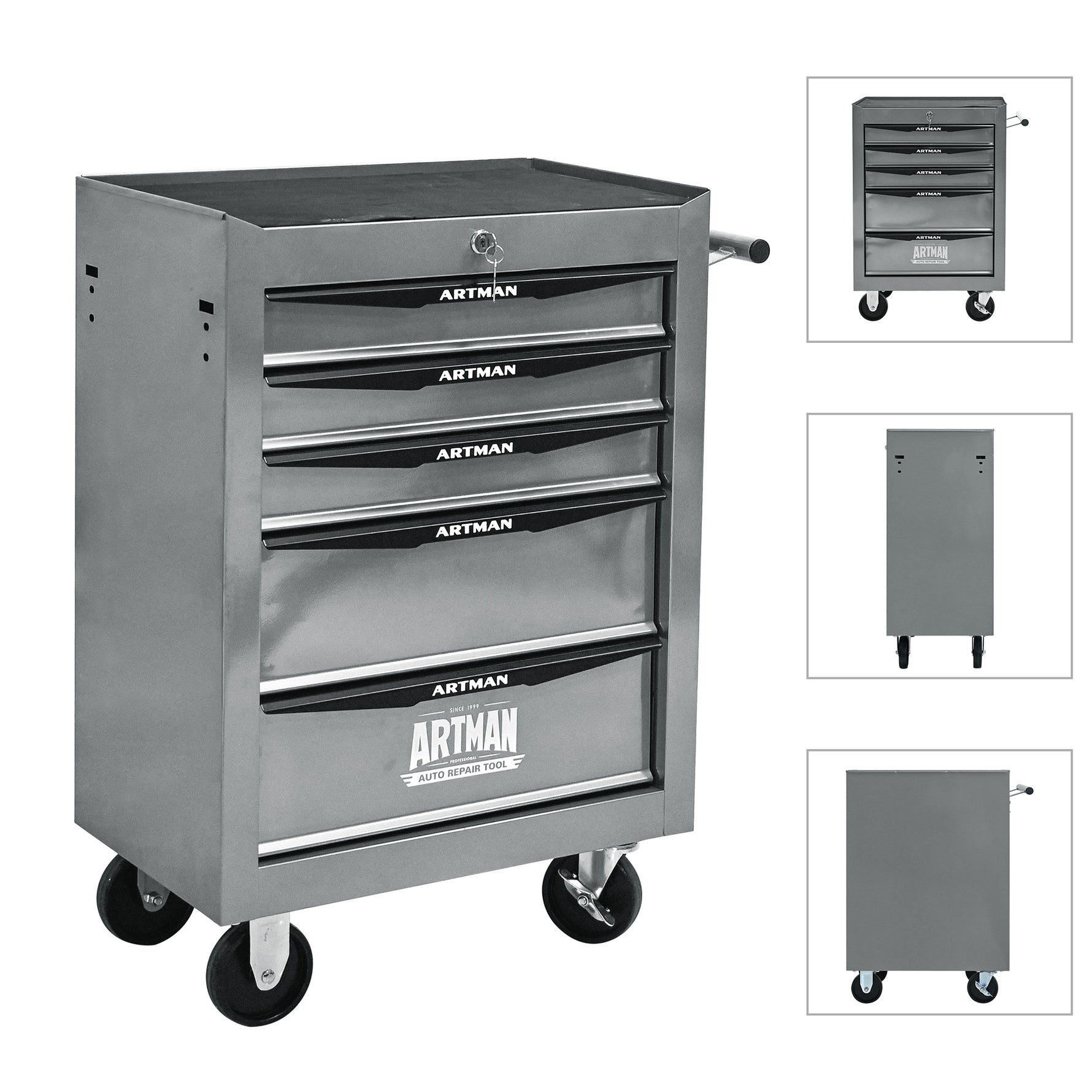 Rolling 5-Drawer Steel Tool Chest with Stainless Steel Top for workshop, garage, storage, or utility use