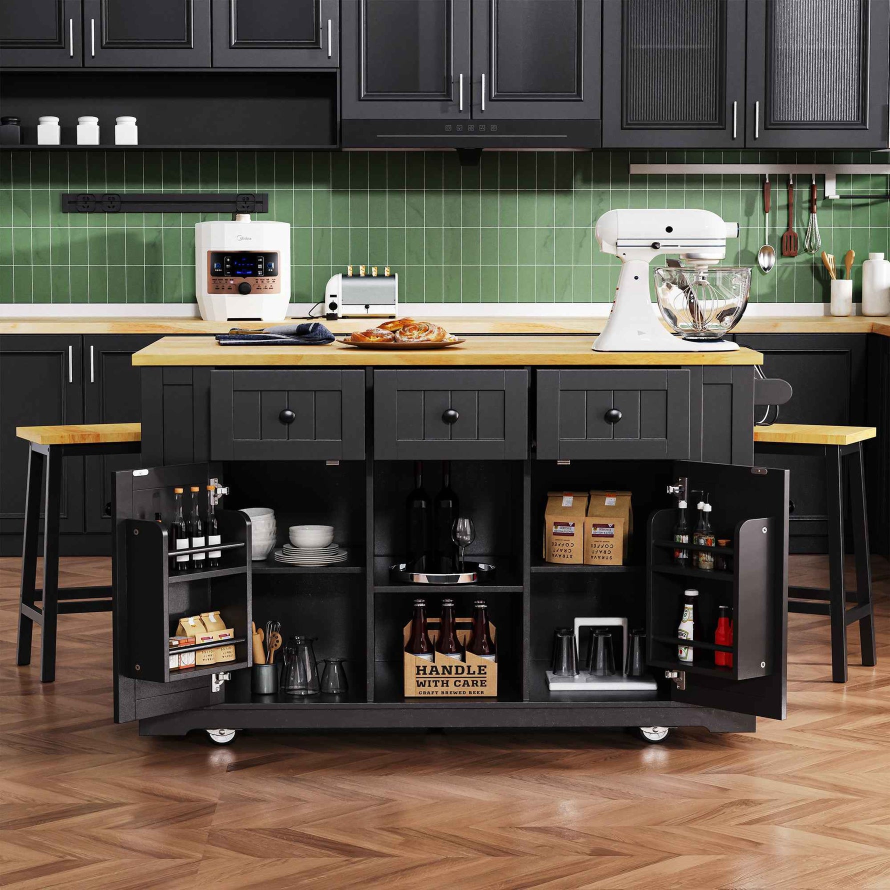 53 in. Farmhouse Kitchen Island with Power Outlet & Stools product view 99