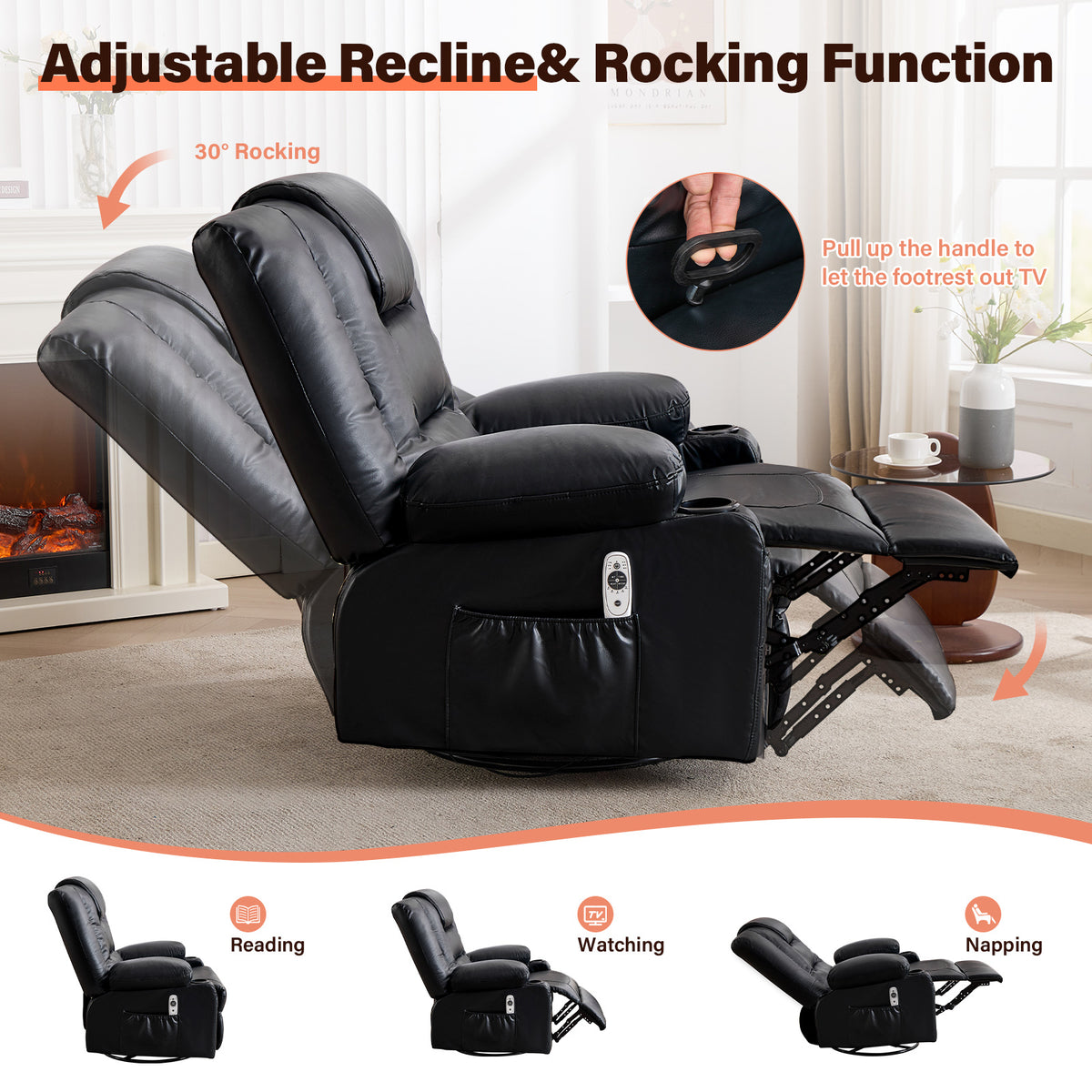 Rocker Recliner Chair with Massage and Heat for Adults, 360°Swivel detail image 13