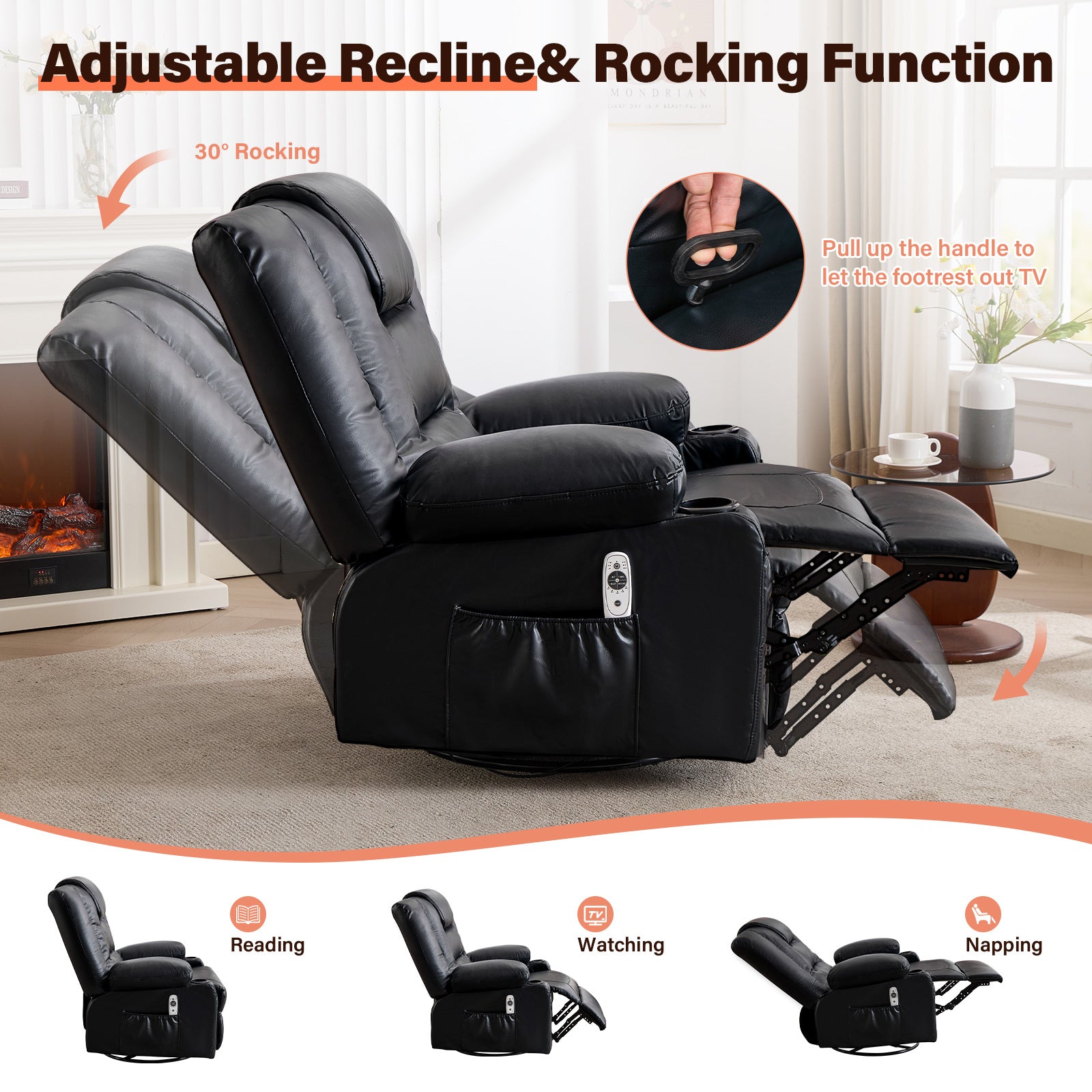 Rocker Recliner Chair with Massage and Heat for Adults, 360°Swivel detail image 13