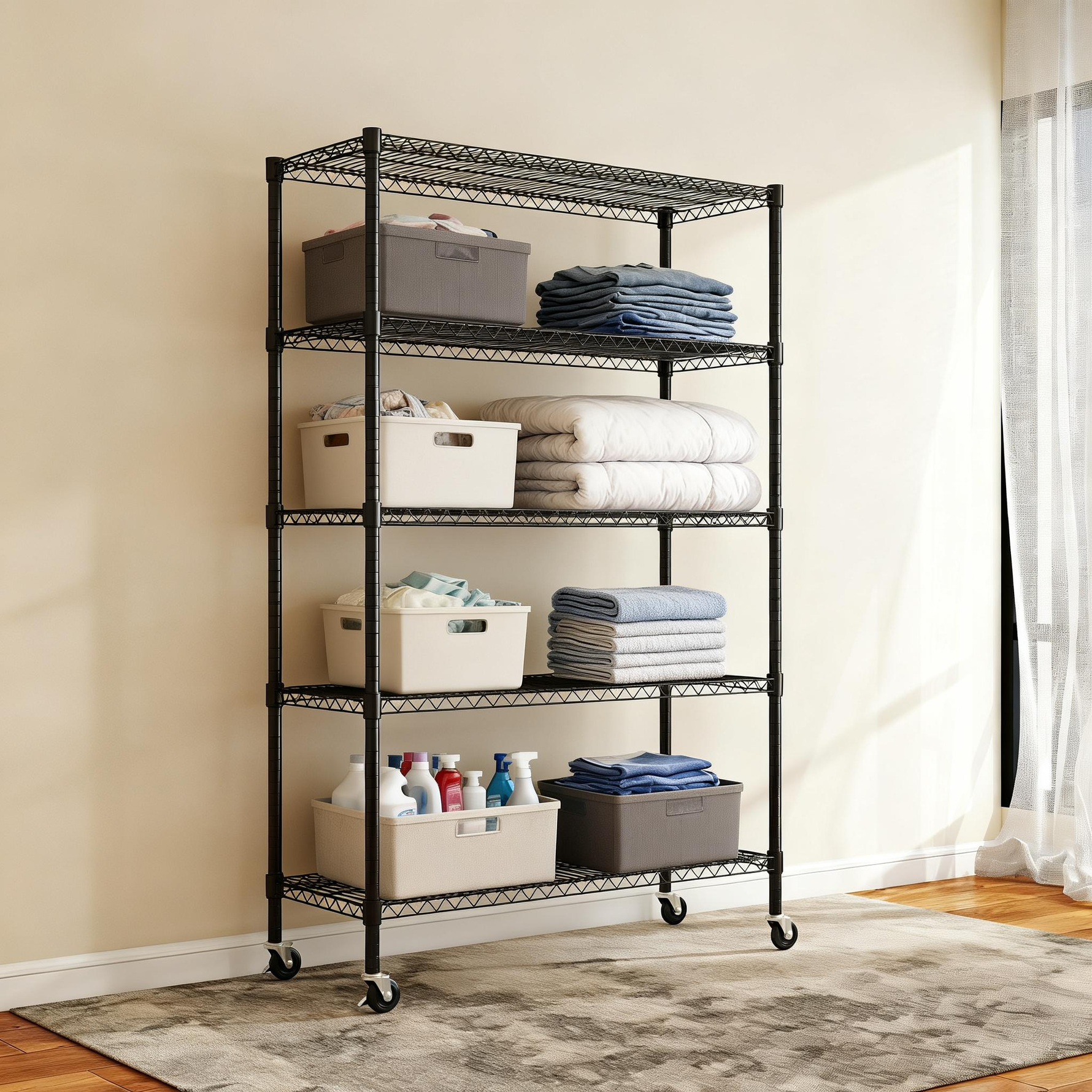 Heavy-Duty Adjustable Wire Shelving Unit with Wheels & Levelers for workshop, garage, storage, or utility use