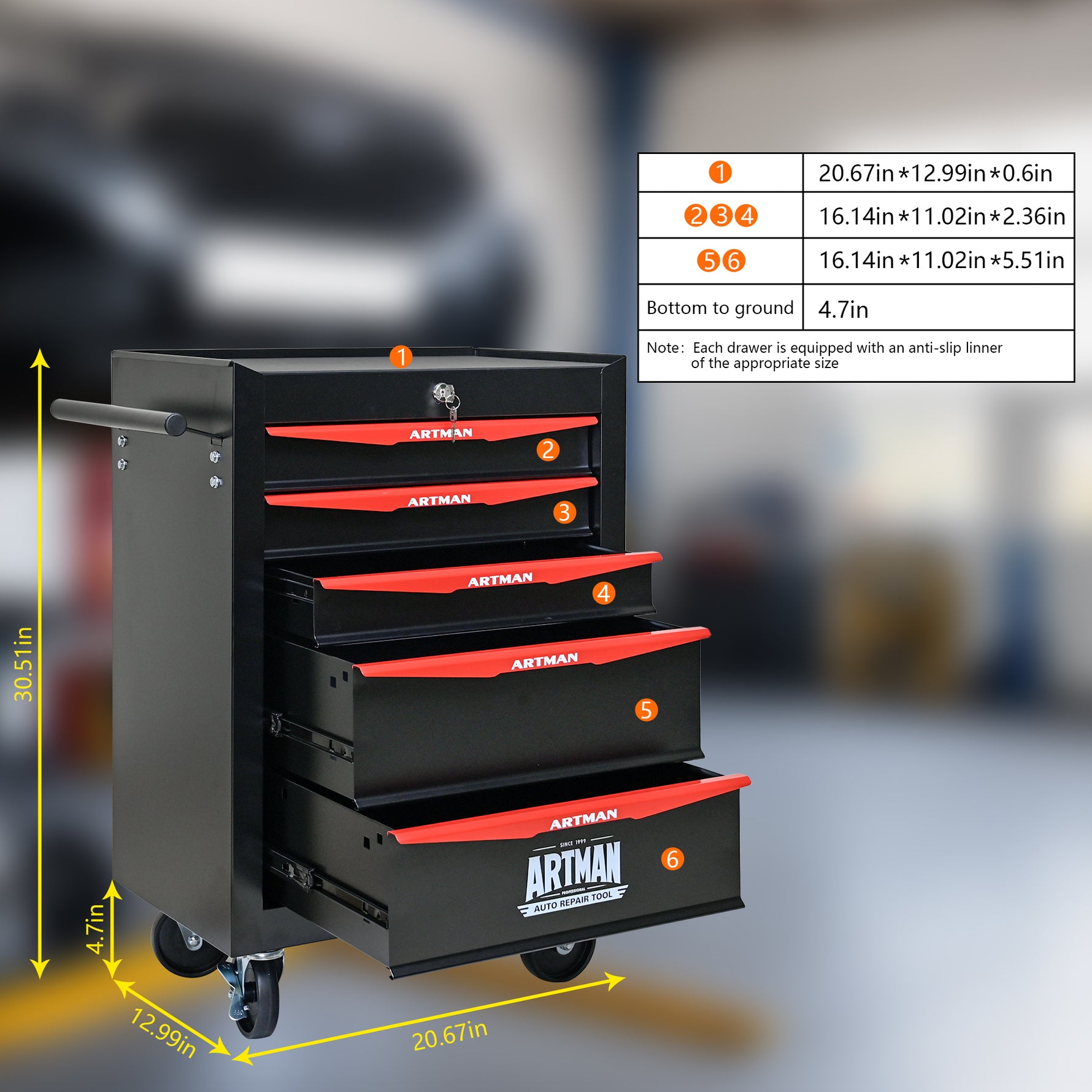 Rolling 5-Drawer Steel Tool Chest with Stainless Steel Top for workshop, garage, storage, or utility use