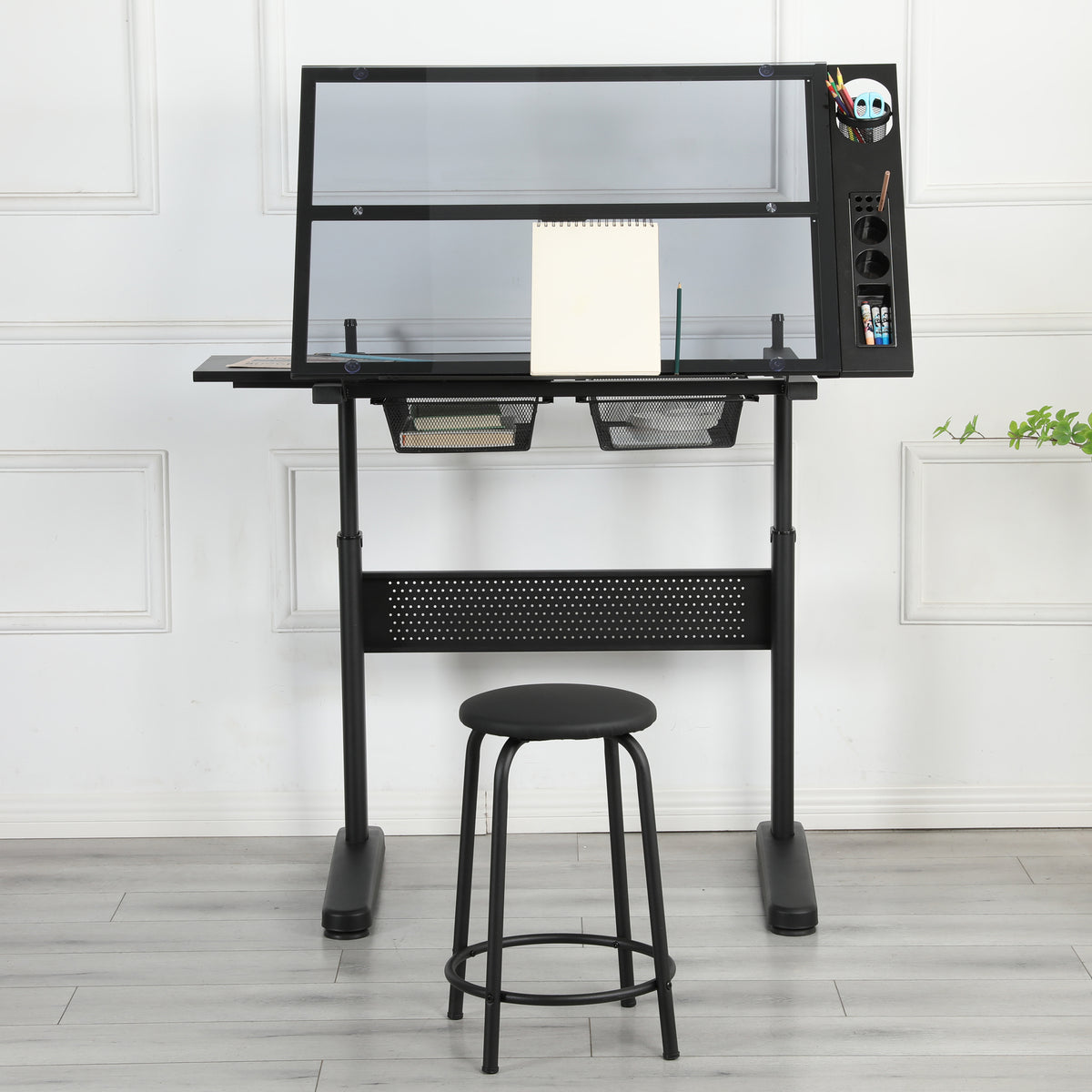 Hand Crank Adjustable Drafting Table with Drawers & Stool hobby and puzzle table