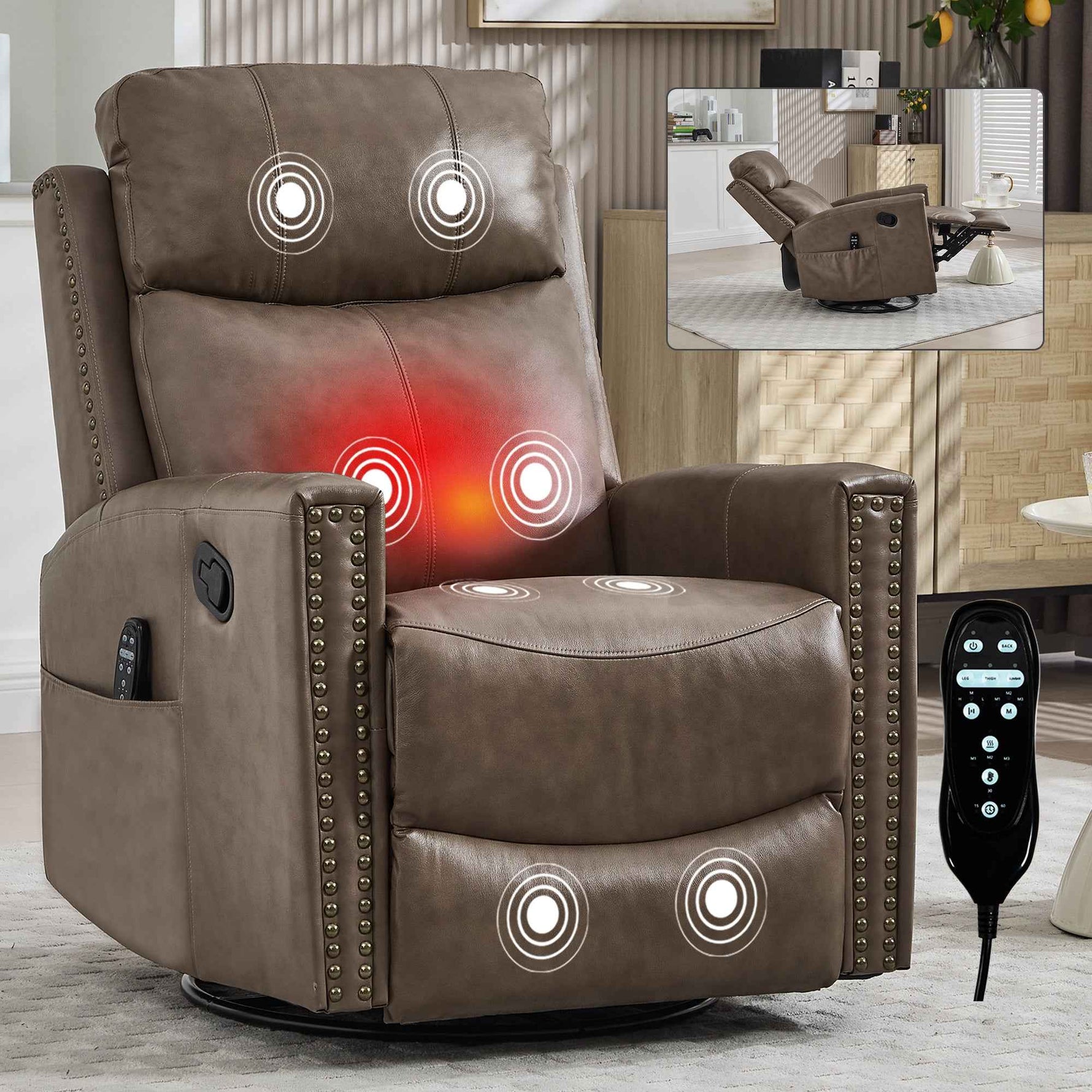 Genuine Leather Heat Massage Manual Recliner Chair with Rocker and Swivel for Living Room detail image 73
