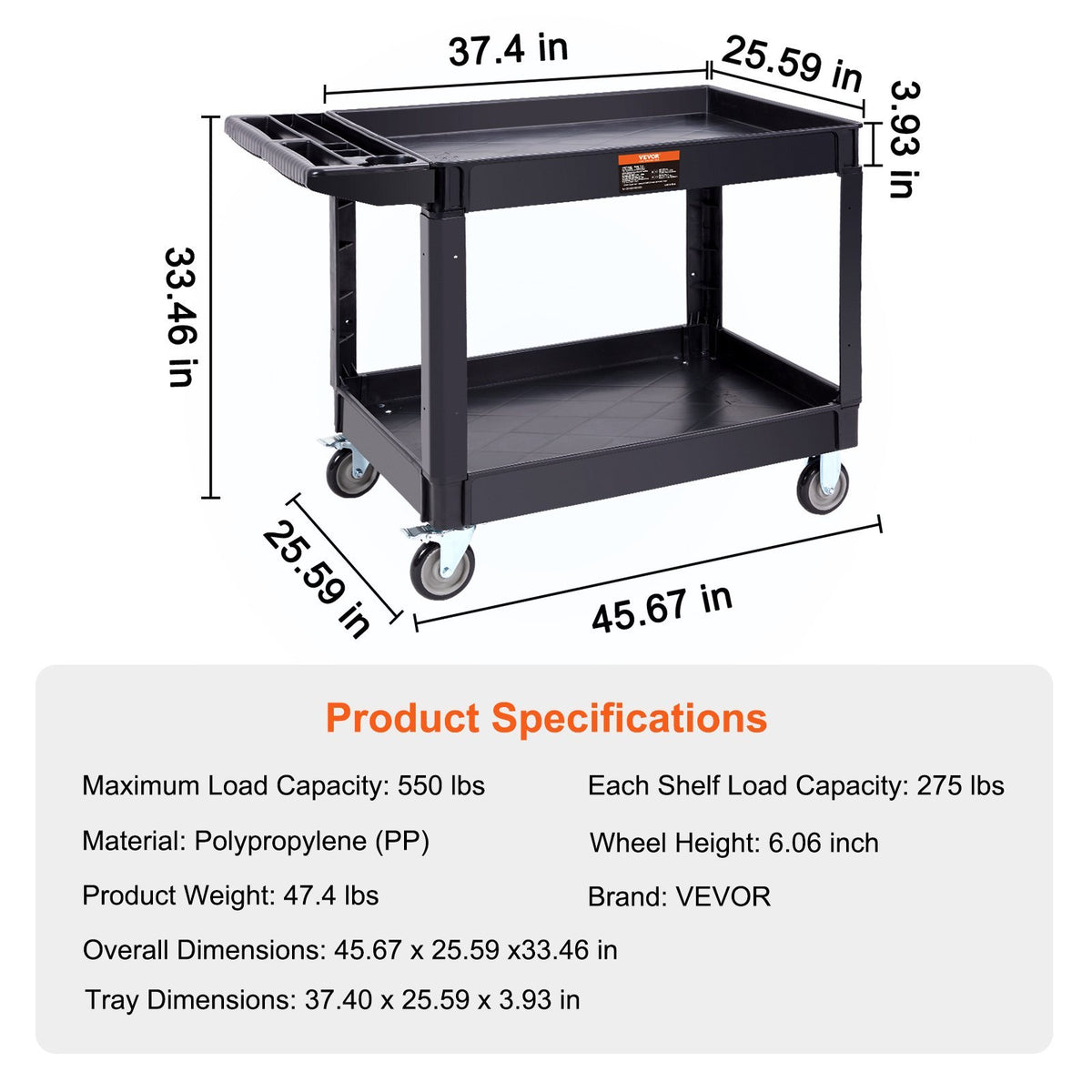 Heavy-Duty Rolling Utility Service Cart with 360° Swivel Wheels for workshop, garage, storage, or utility use