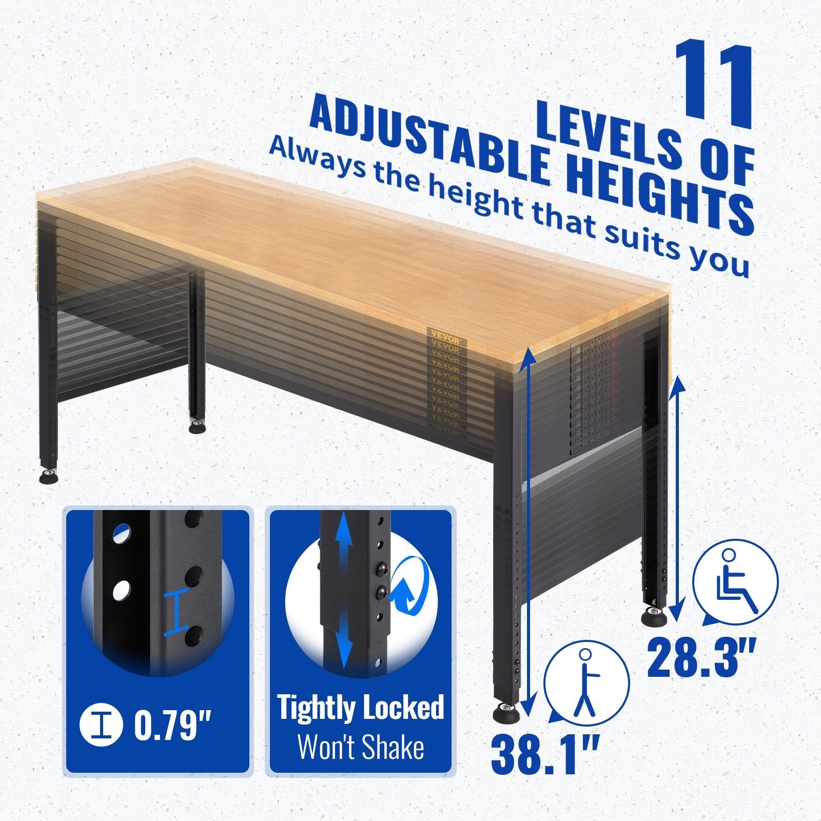 VEVOR Adjustable Height Hardwood Workbench with Power Outlets for workshop, garage, storage, or utility use