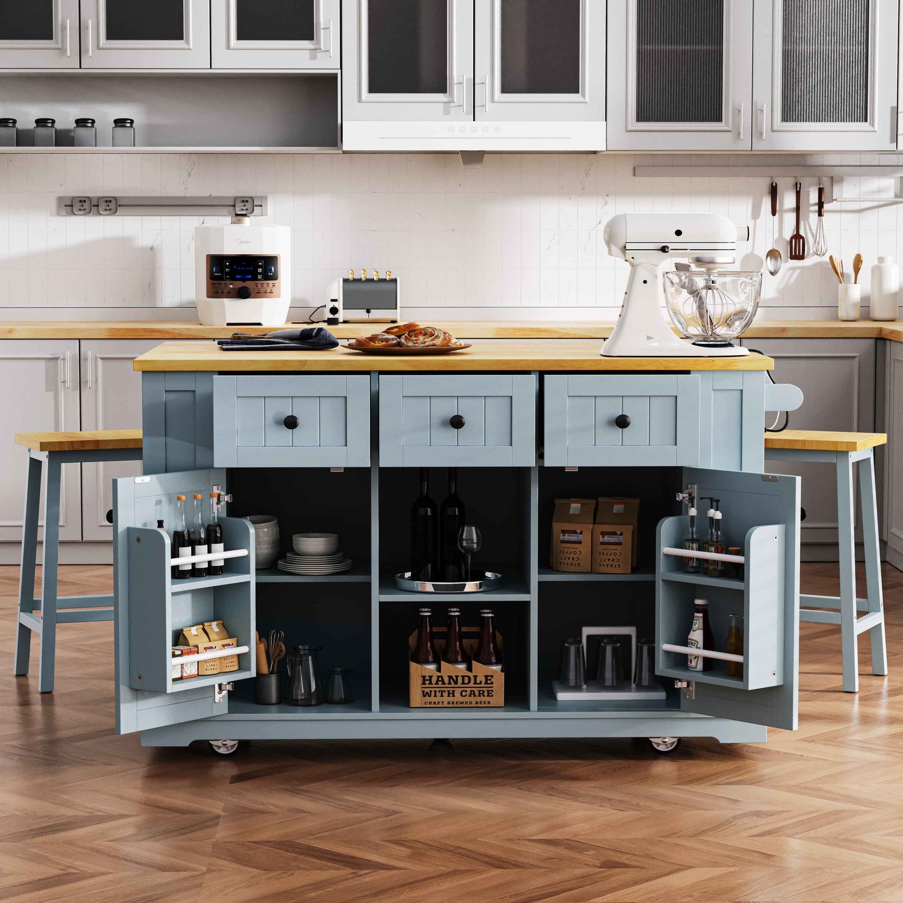 53 in. Farmhouse Kitchen Island with Power Outlet & Stools product view 61