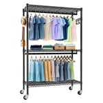 Heavy Duty Rolling Clothes Rack with 3 Tier Shelves, 2 Rails & Side Hooks for workshop, garage, storage, or utility use