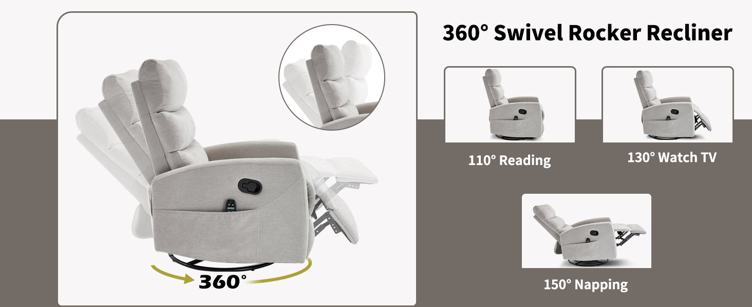 Heat Massage Manual Recliner Chair with Rocker and Swivel in Fabric for Living Room detail image 34