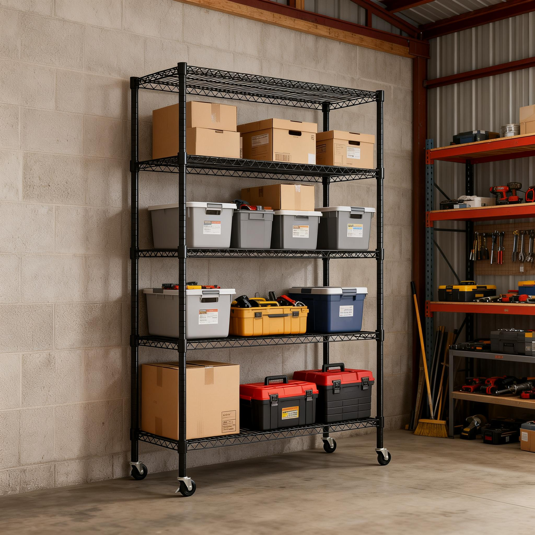 Heavy-Duty Adjustable Wire Shelving Unit with Wheels & Levelers for workshop, garage, storage, or utility use