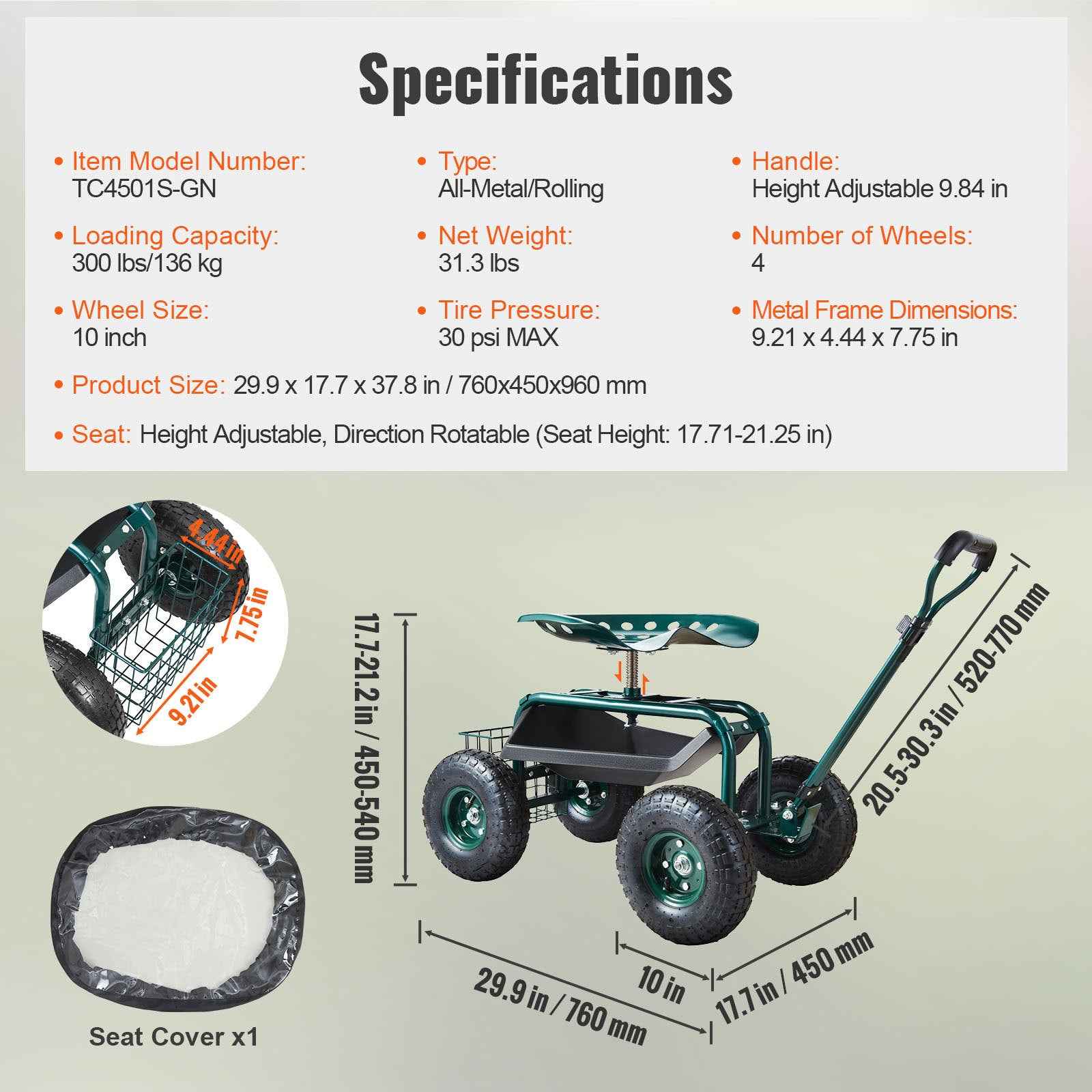 Rolling Garden Workseat with 360° Swivel Seat for workshop, garage, storage, or utility use