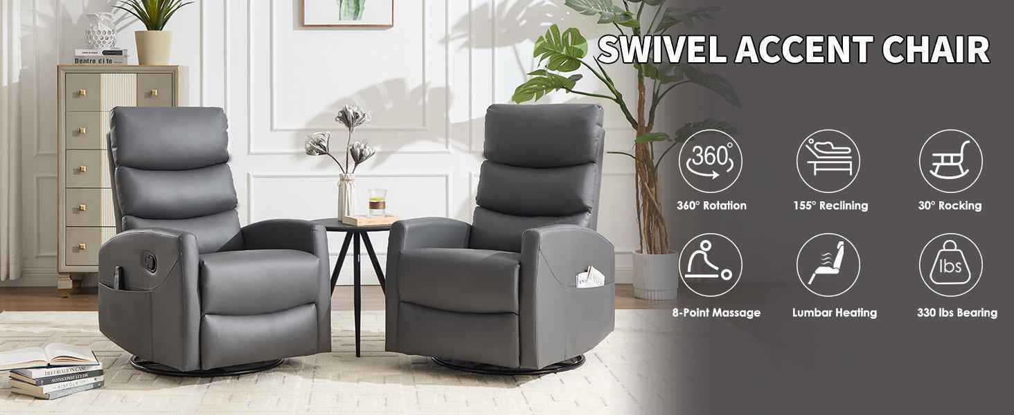 Heat Massage Manual Recliner Chair with Rocker and Swivel in Faux Leather for Living Room detail image 2