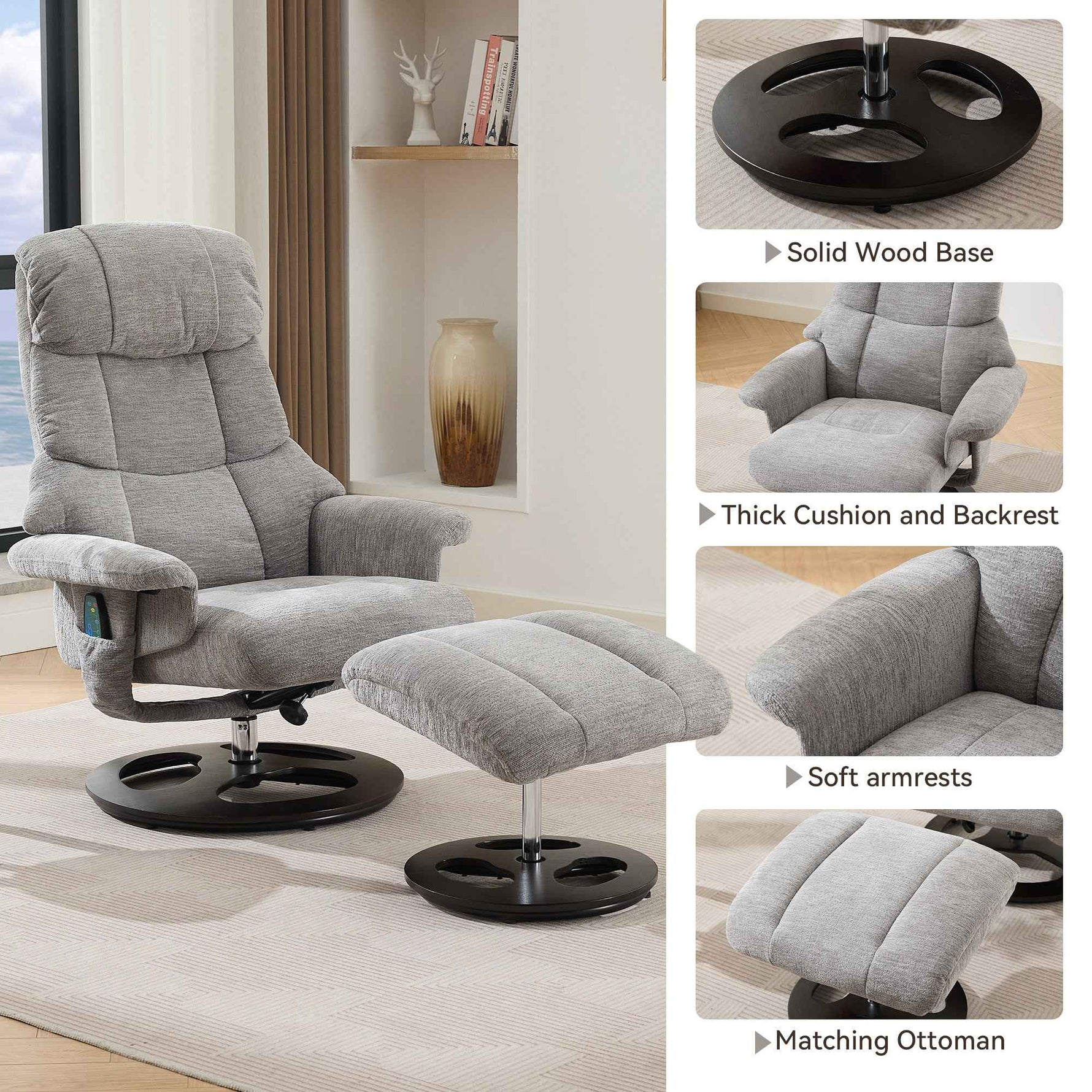 Ergonomic Recliner Chair with Ottoman - 360° Swivel Massage Lounge detail image 54