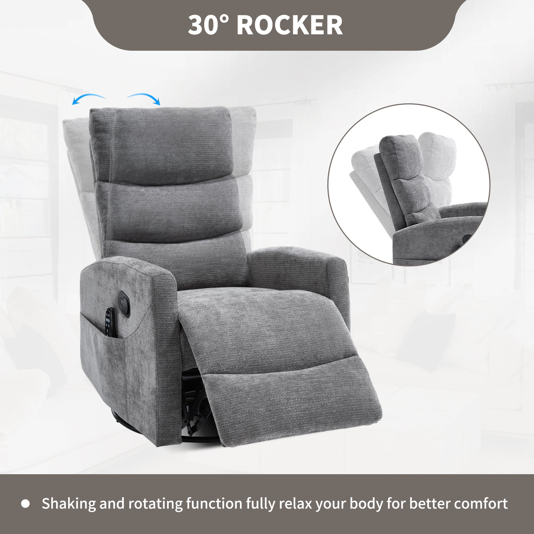 Heat Massage Manual Recliner Chair with Rocker and Swivel in Fabric for Living Room detail image 40