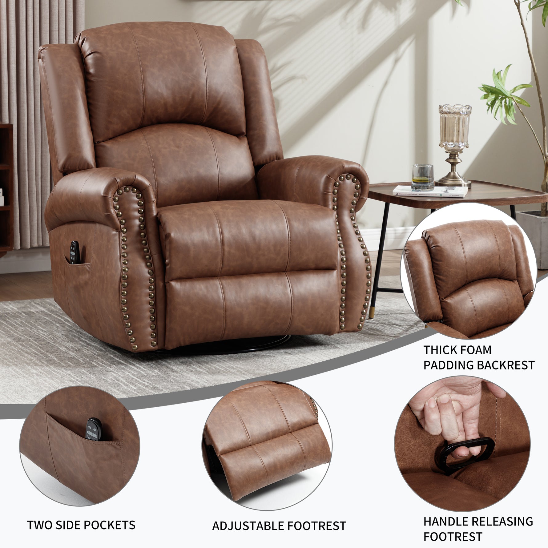 Heat Massage Manual Recliner Chair with Rocker and Swivel for Living Room detail image 5