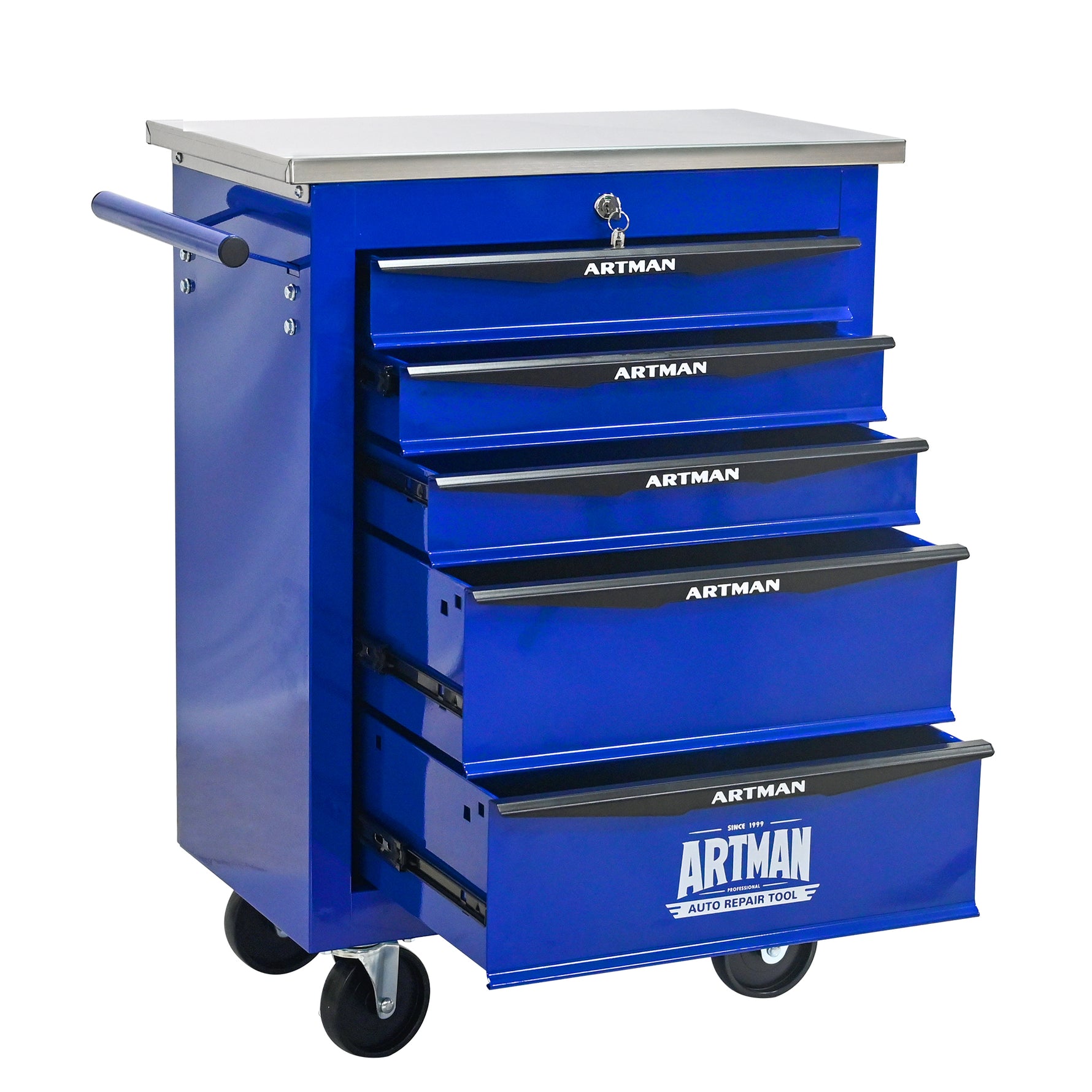 Rolling 5-Drawer Steel Tool Chest with Stainless Steel Top for workshop, garage, storage, or utility use