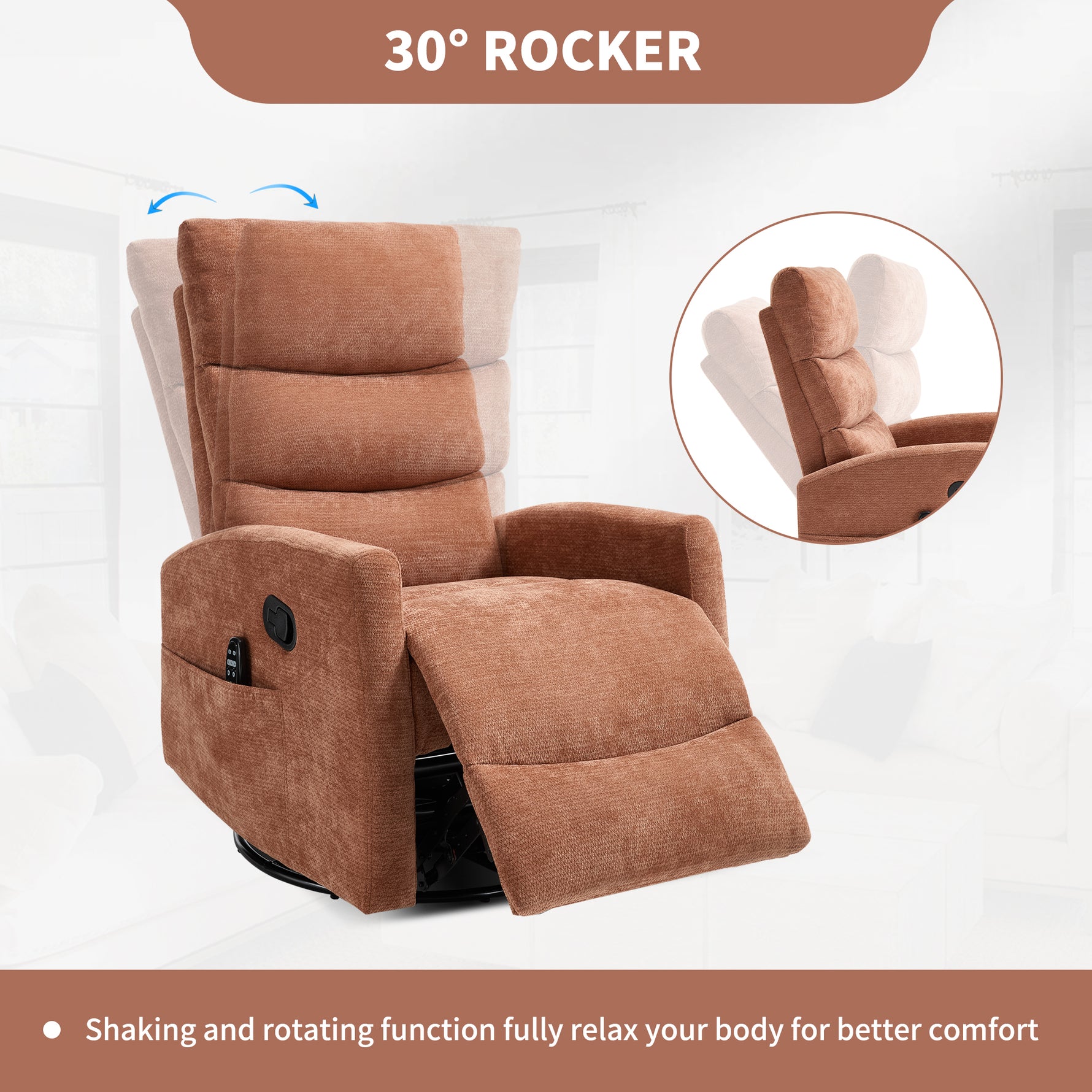 Heat Massage Manual Recliner Chair with Rocker and Swivel in Fabric for Living Room detail image 5