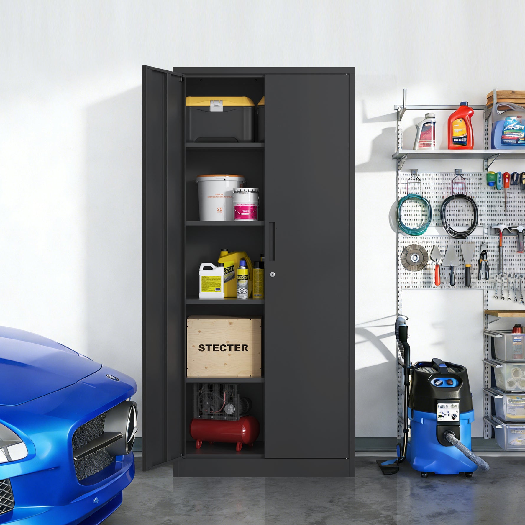 Locking Steel Garage Storage Cabinet with 4 Adjustable Shelves for workshop, garage, storage, or utility use