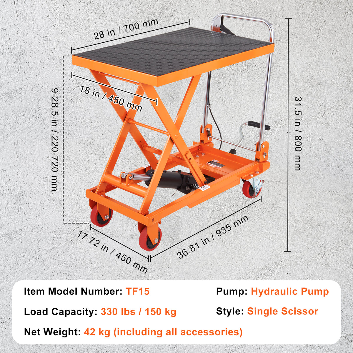 Manual Hydraulic Scissor Lift Table Cart with Non-Slip Pad for workshop, garage, storage, or utility use