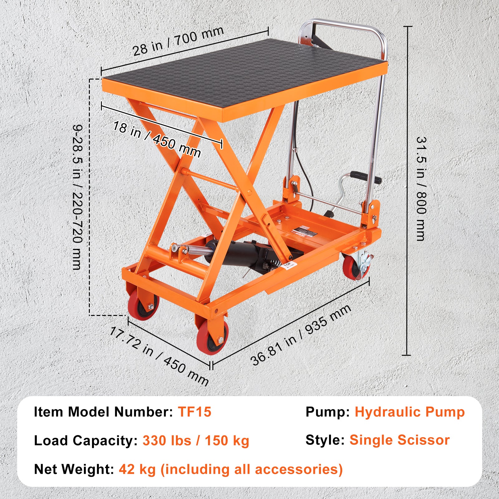 Manual Hydraulic Scissor Lift Table Cart with Non-Slip Pad for workshop, garage, storage, or utility use