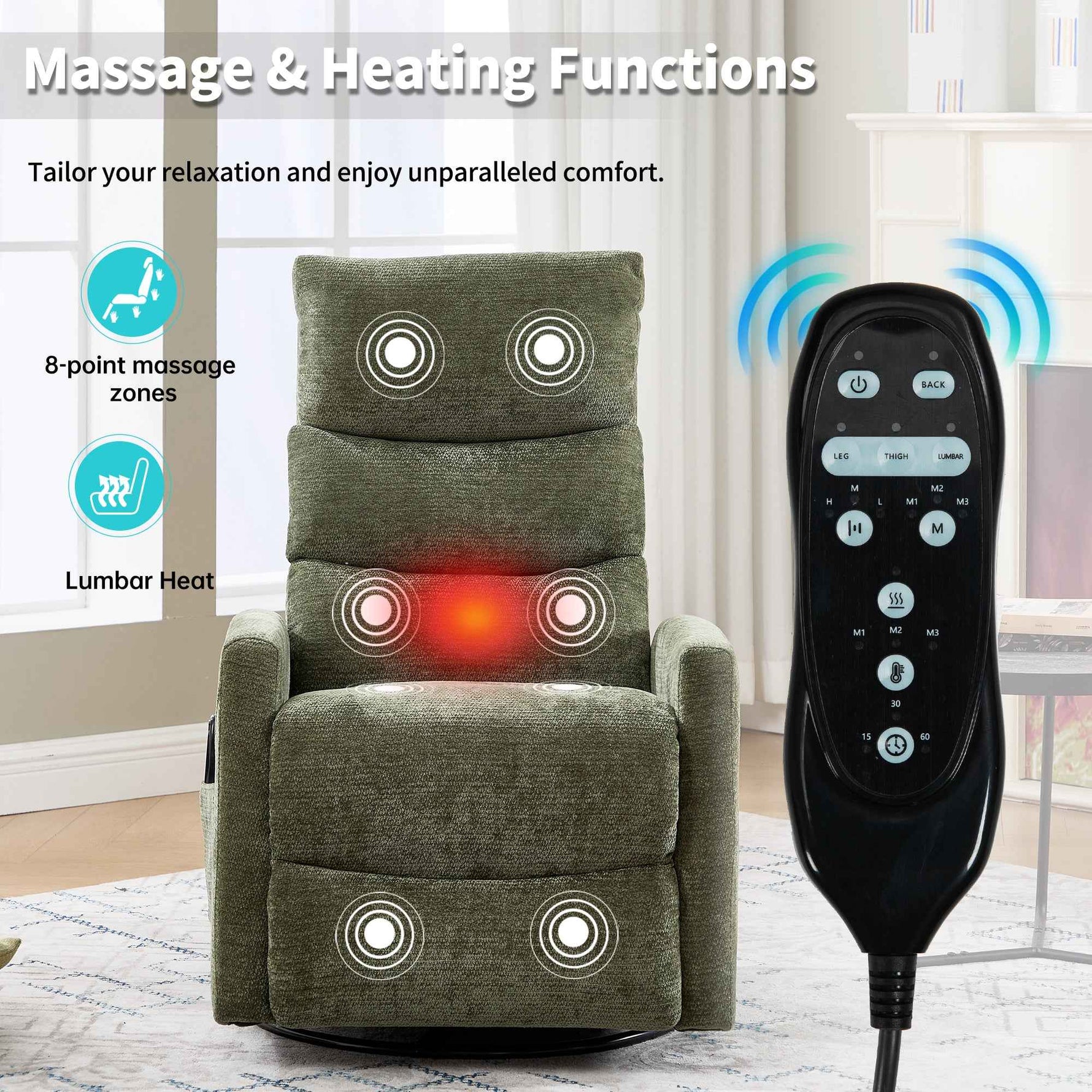 Heat Massage Manual Recliner Chair with Rocker and Swivel in Fabric for Living Room detail image 28