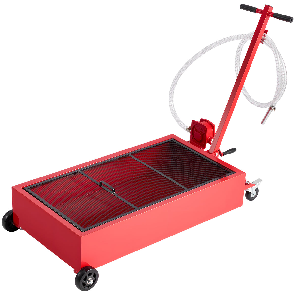 Low-Profile Rolling Oil Drain Pan with Manual Pump for workshop, garage, storage, or utility use